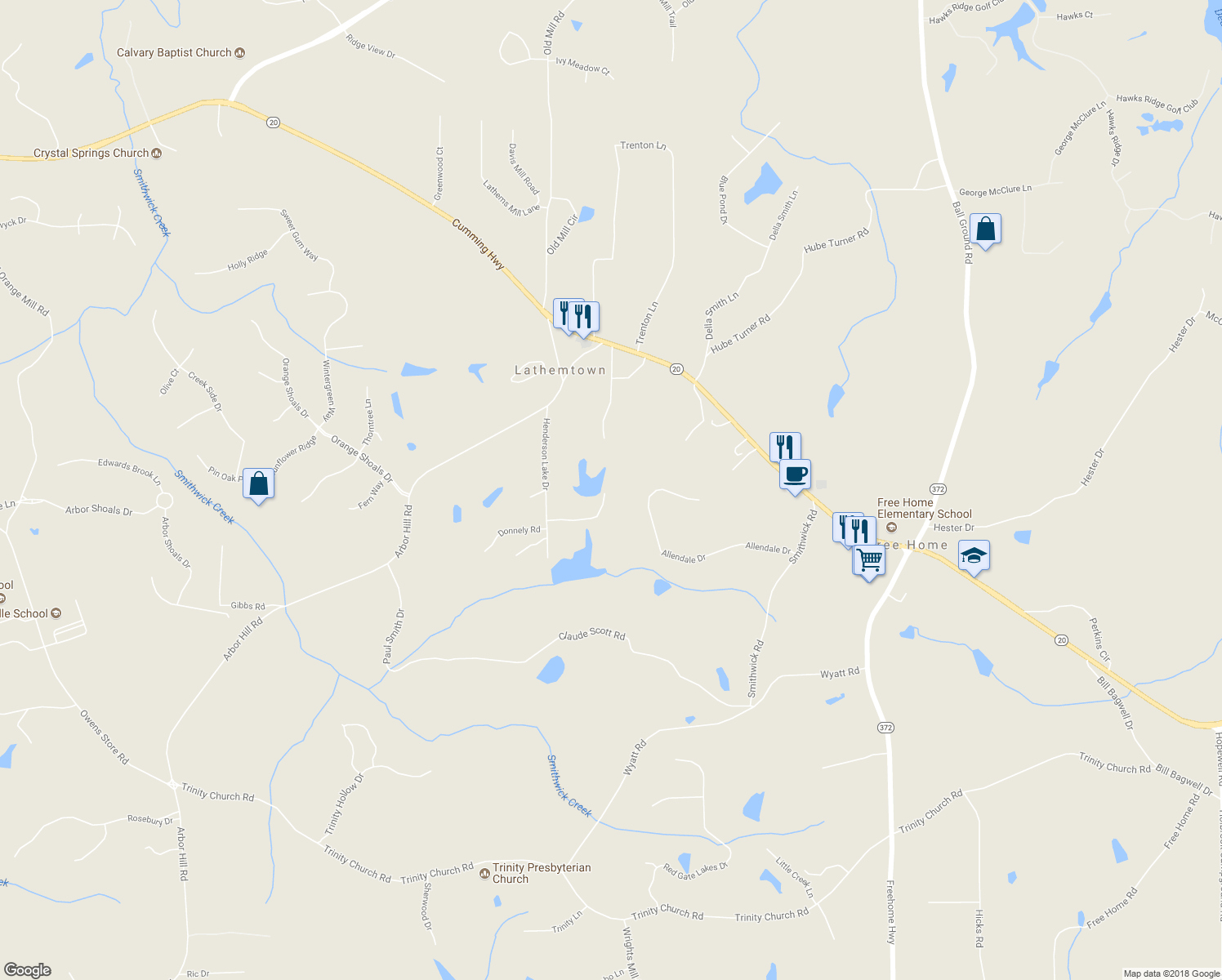 map of restaurants, bars, coffee shops, grocery stores, and more near 471 Henderson Lake Drive in Canton