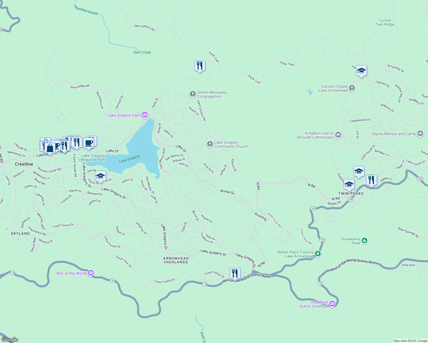 map of restaurants, bars, coffee shops, grocery stores, and more near Acacia Drive in Crestline