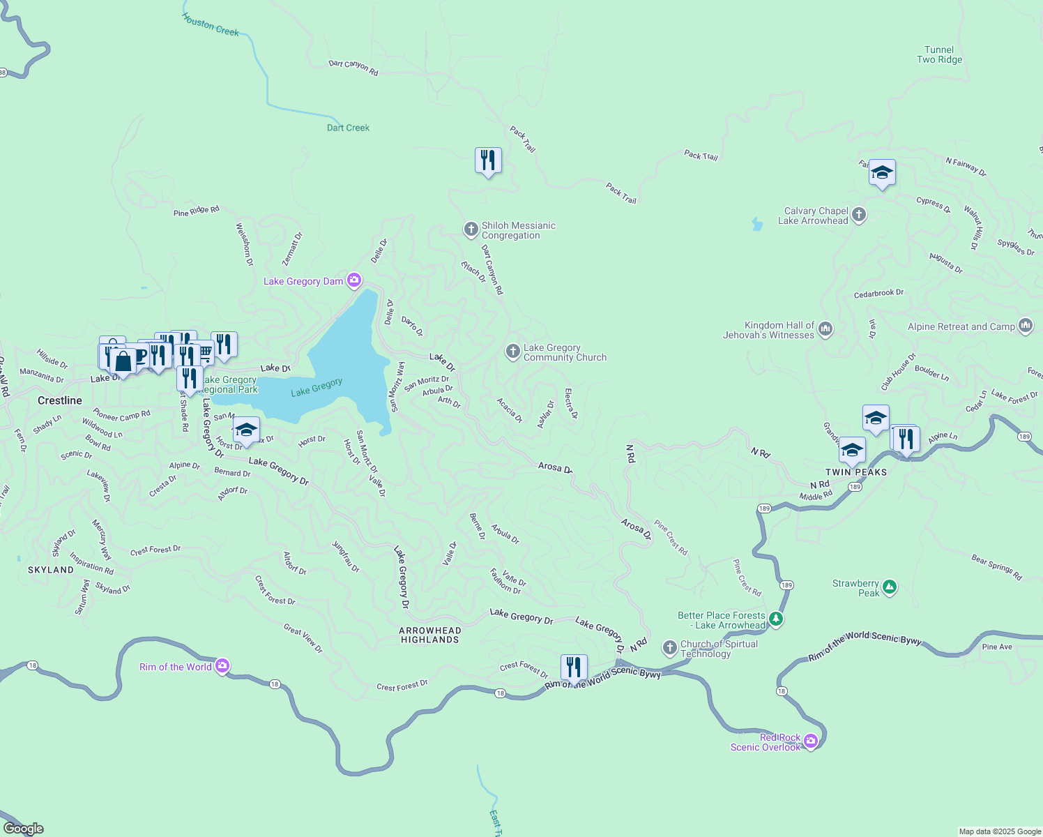 map of restaurants, bars, coffee shops, grocery stores, and more near Acacia Drive in Crestline