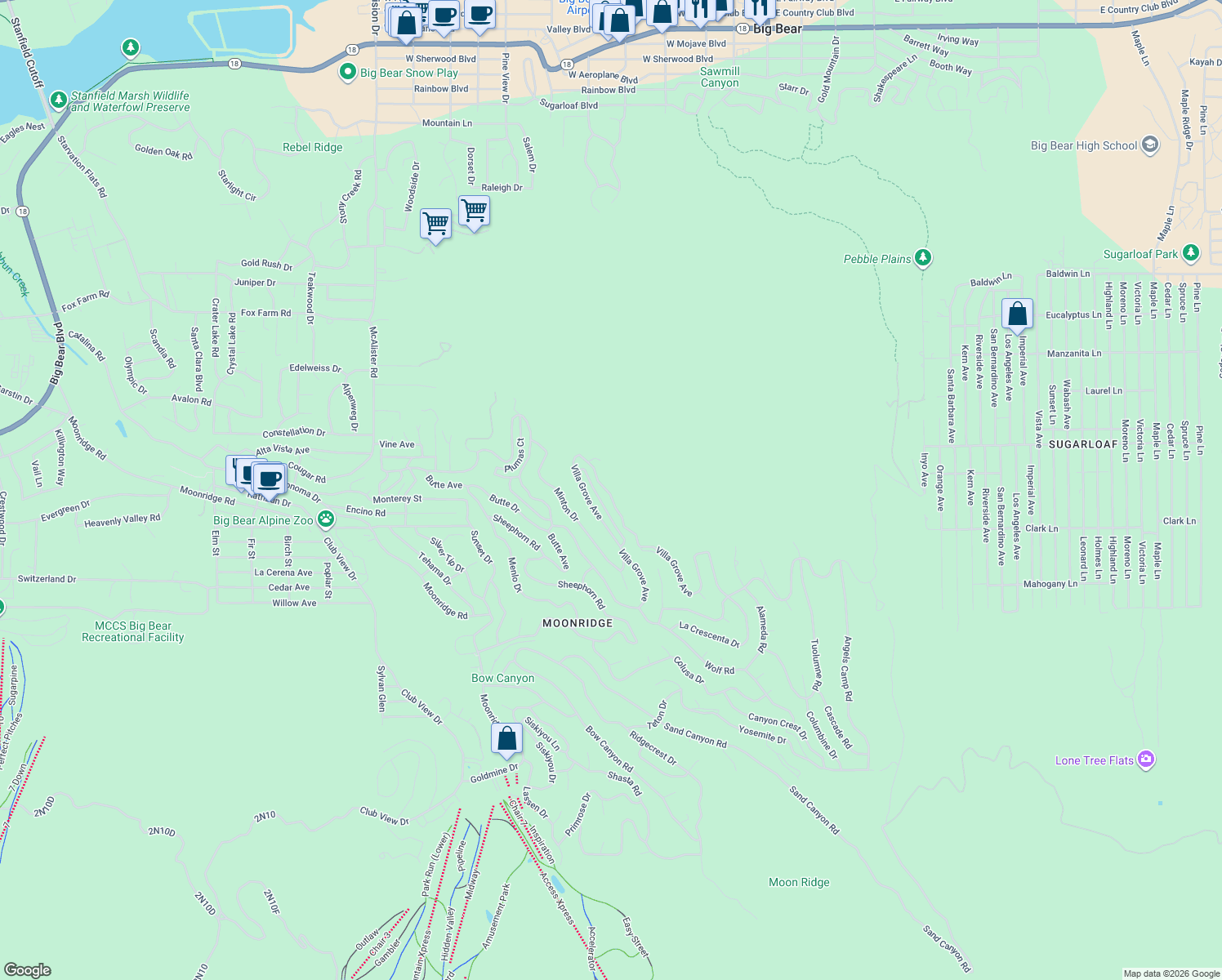 map of restaurants, bars, coffee shops, grocery stores, and more near 530 Villa Grove Avenue in Big Bear