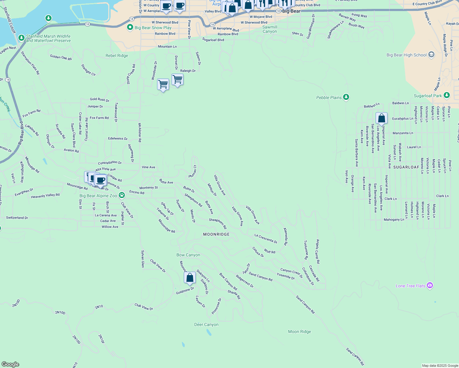 map of restaurants, bars, coffee shops, grocery stores, and more near 530 Villa Grove Avenue in Big Bear