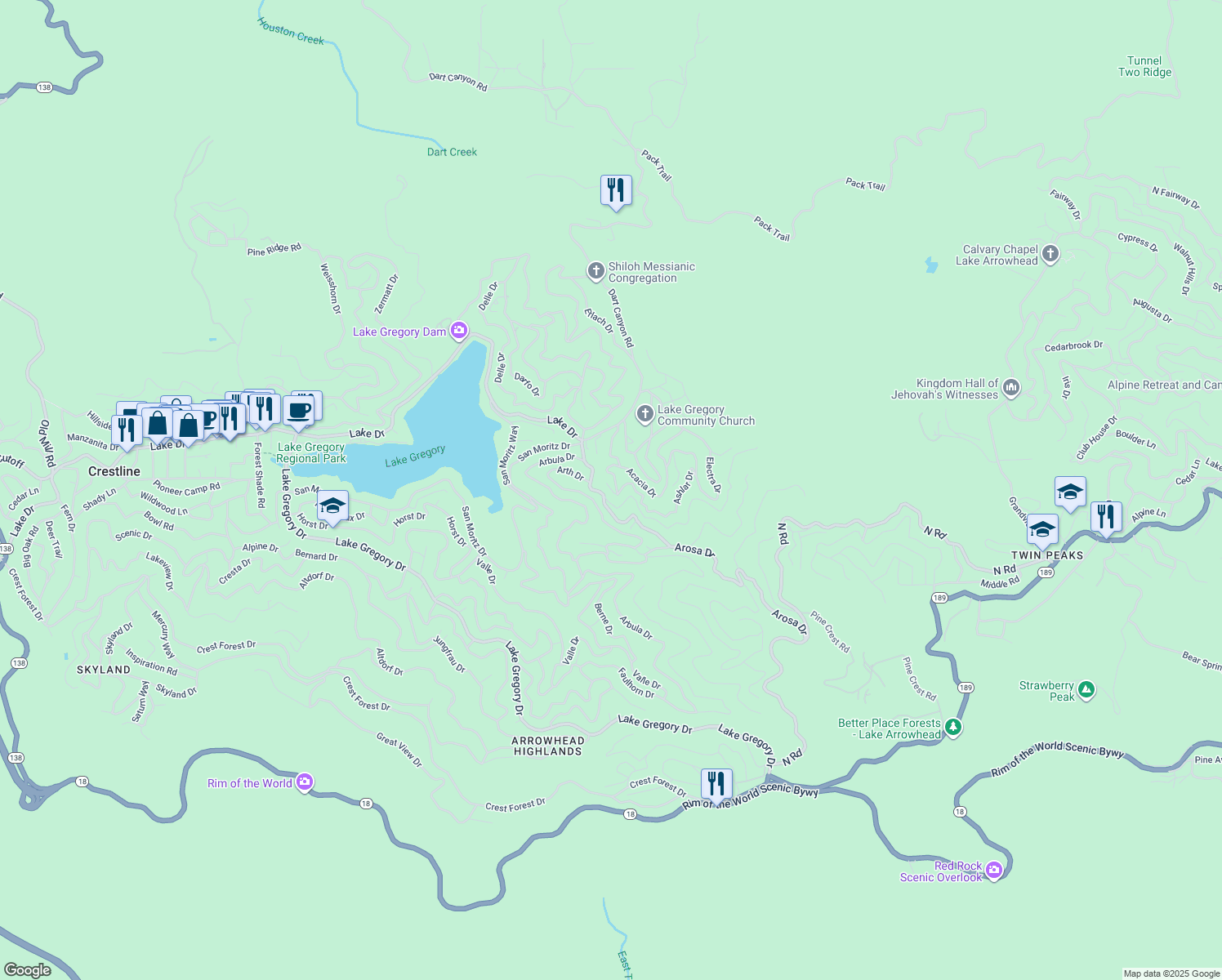 map of restaurants, bars, coffee shops, grocery stores, and more near 586 Boaz Road in Crestline