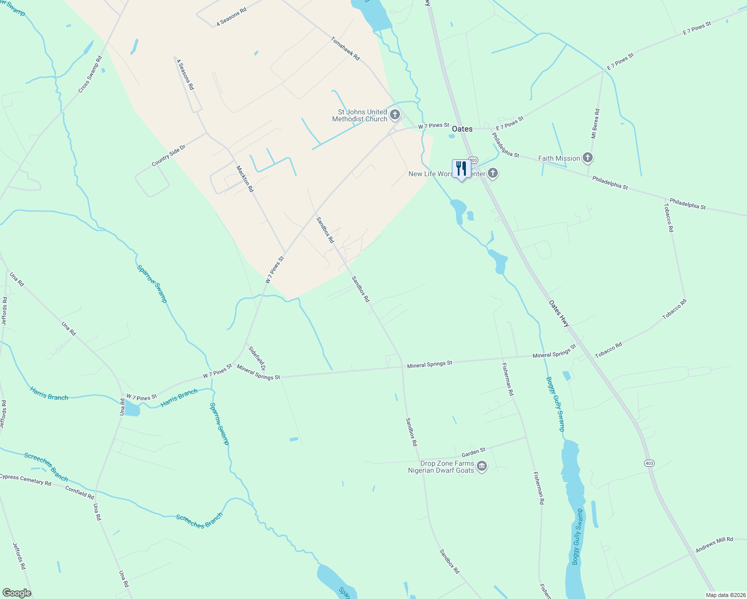 map of restaurants, bars, coffee shops, grocery stores, and more near 1573 Sandbox Road in Lamar