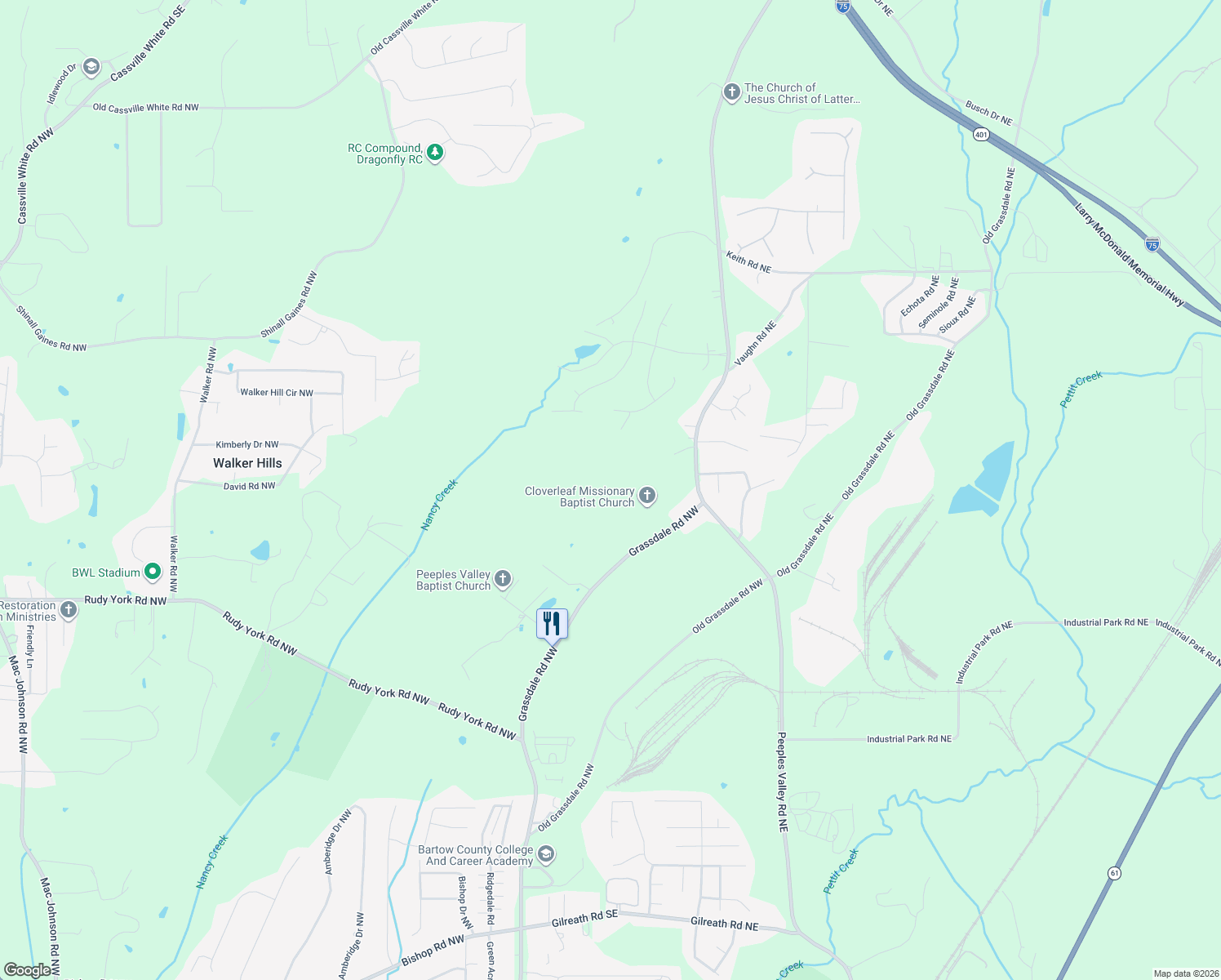 map of restaurants, bars, coffee shops, grocery stores, and more near 1001 Grassdale Road Northwest in Cartersville