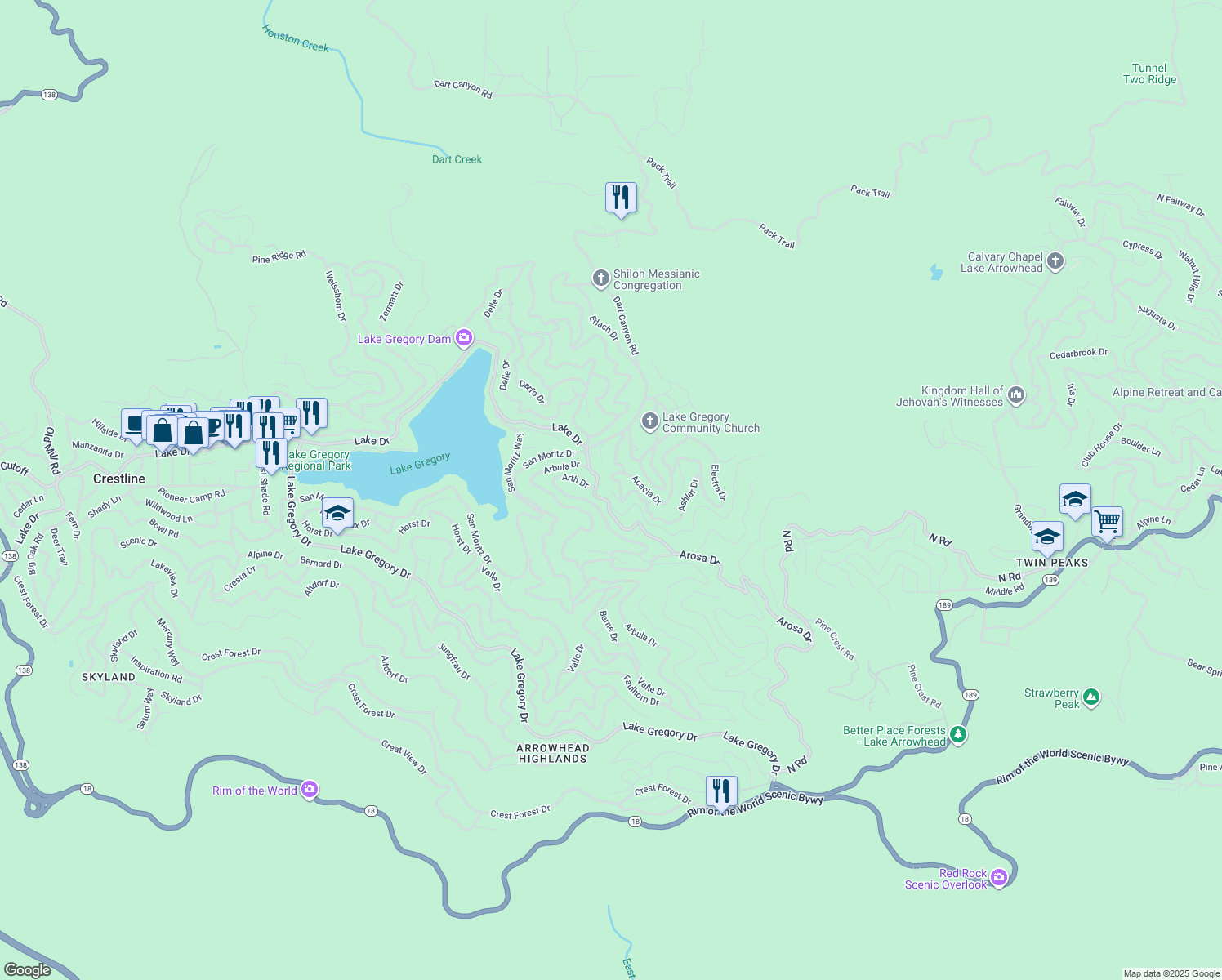 map of restaurants, bars, coffee shops, grocery stores, and more near 586 Boaz Road in Crestline