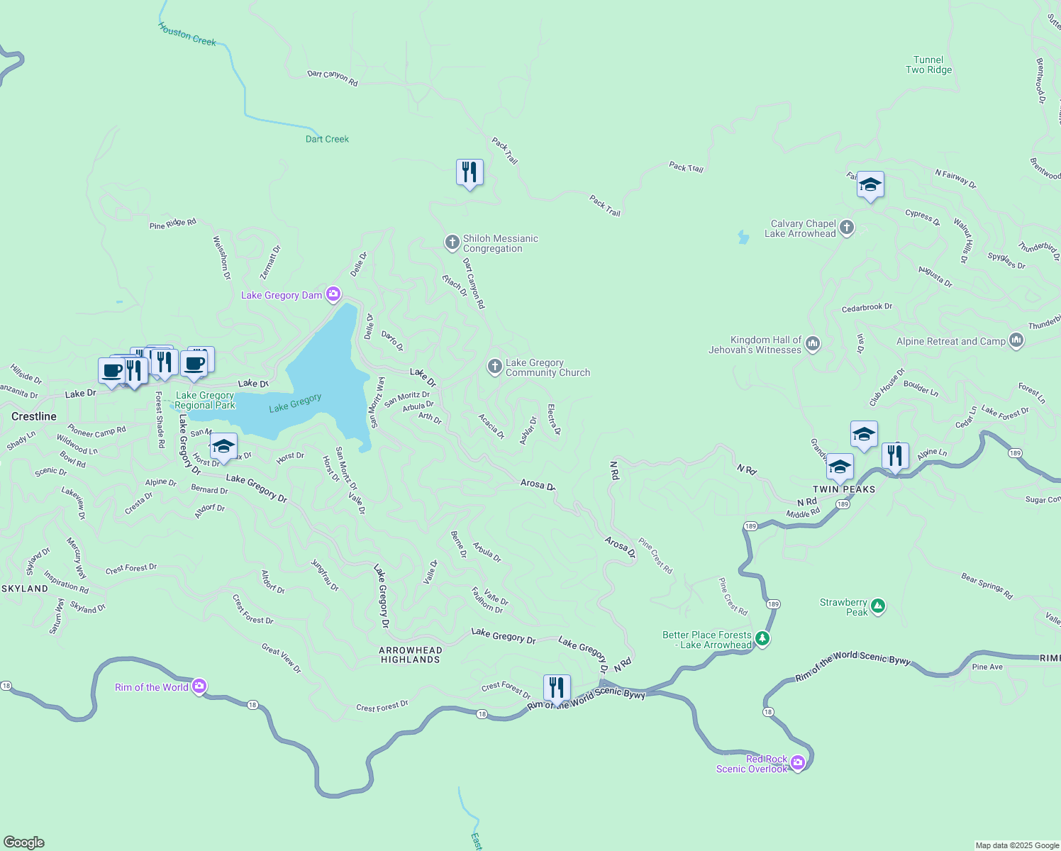 map of restaurants, bars, coffee shops, grocery stores, and more near 687 Ashlar Drive in Crestline