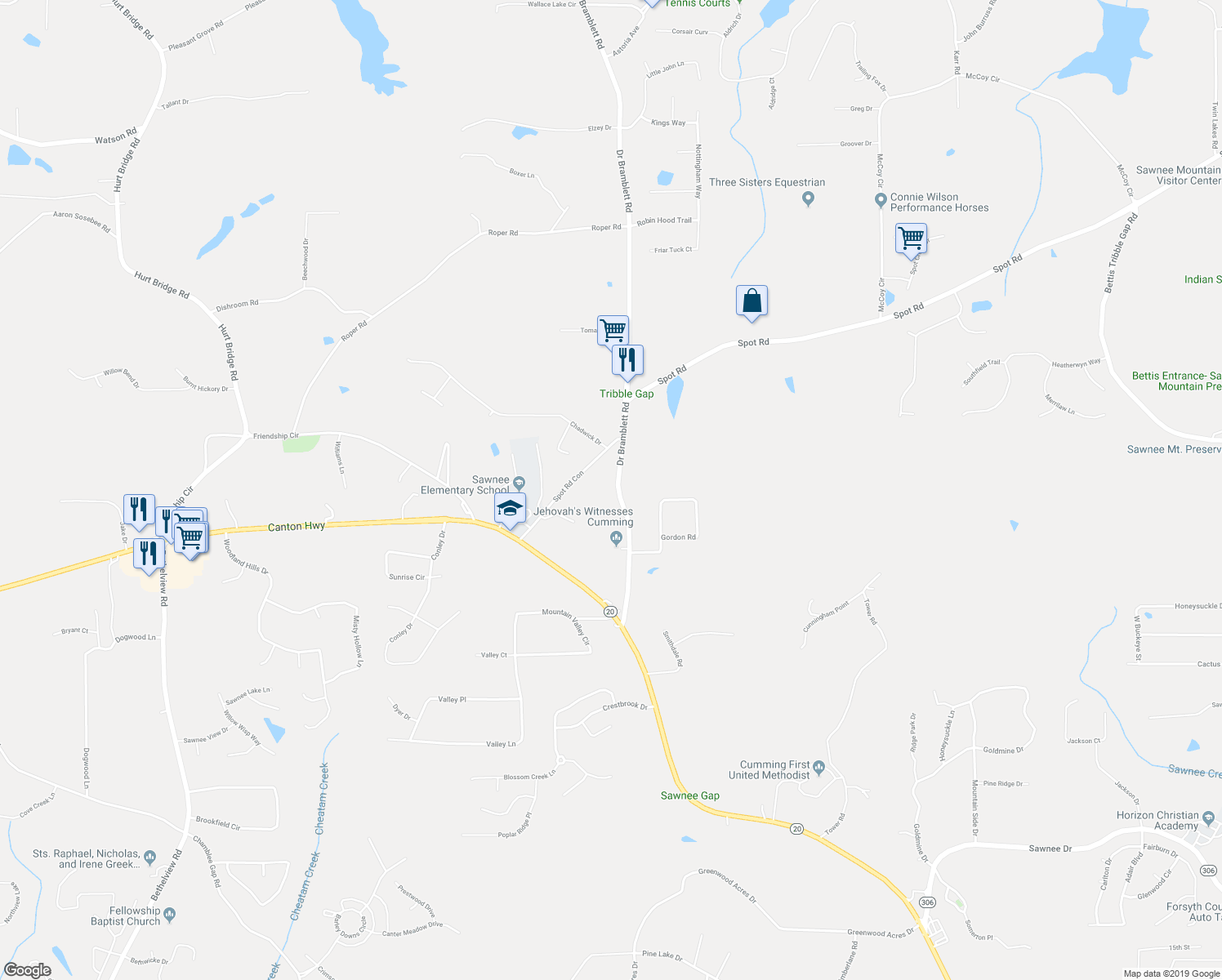 map of restaurants, bars, coffee shops, grocery stores, and more near 1605 Doctor Bramblett Road in Cumming
