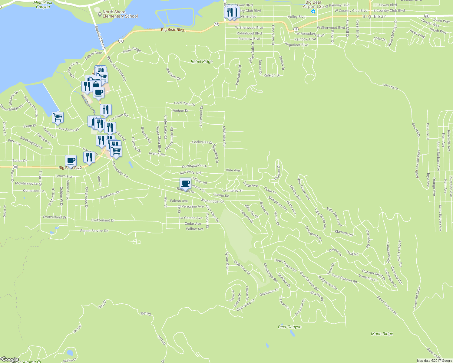 map of restaurants, bars, coffee shops, grocery stores, and more near 574 Lucerne Drive in Big Bear Lake