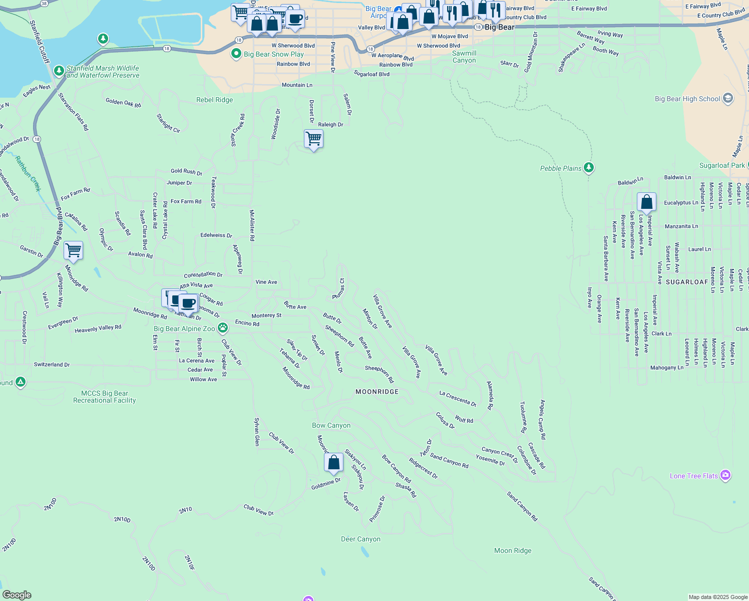 map of restaurants, bars, coffee shops, grocery stores, and more near Villa Grove in Big Bear