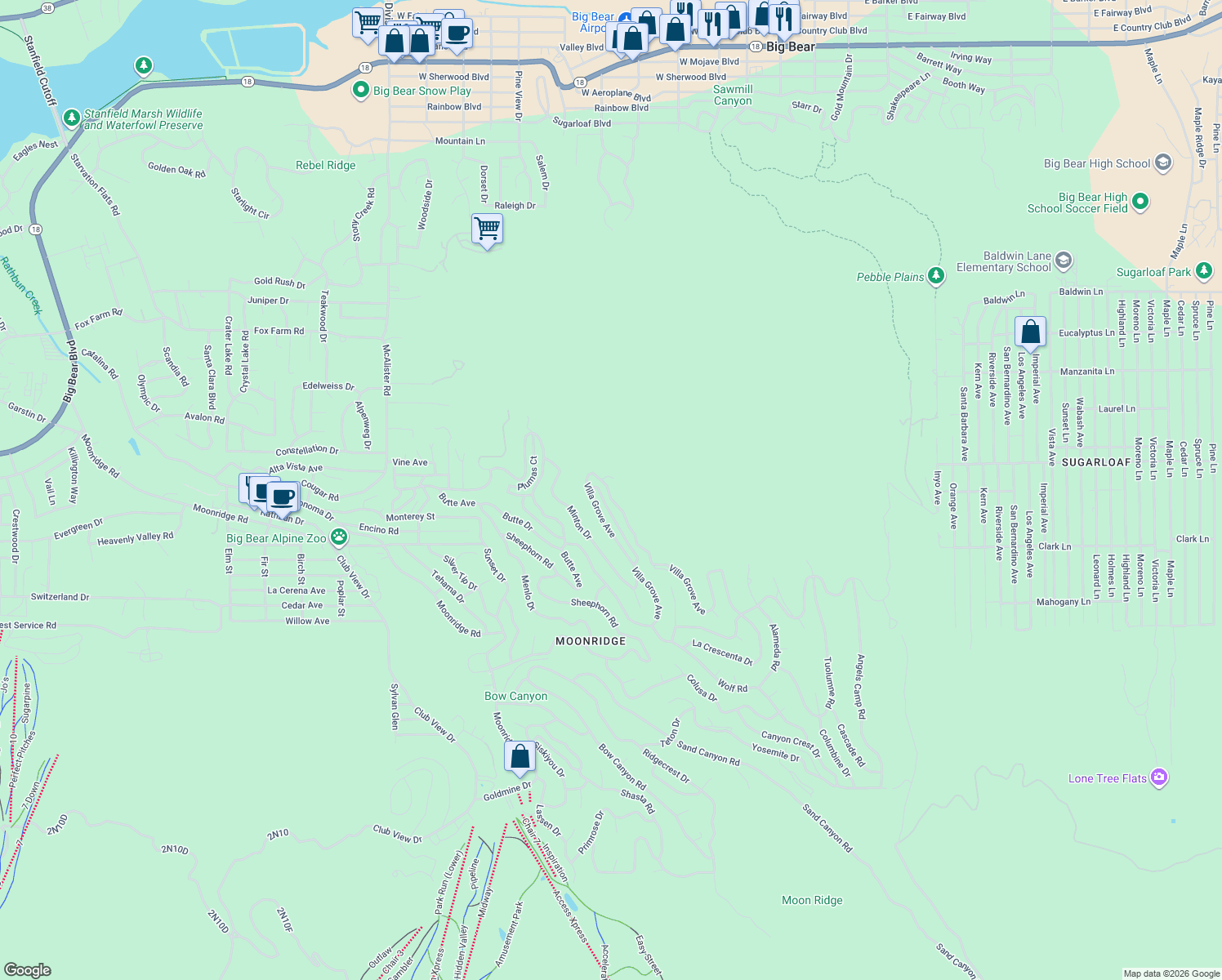 map of restaurants, bars, coffee shops, grocery stores, and more near 540 Villa Grove Avenue in Big Bear