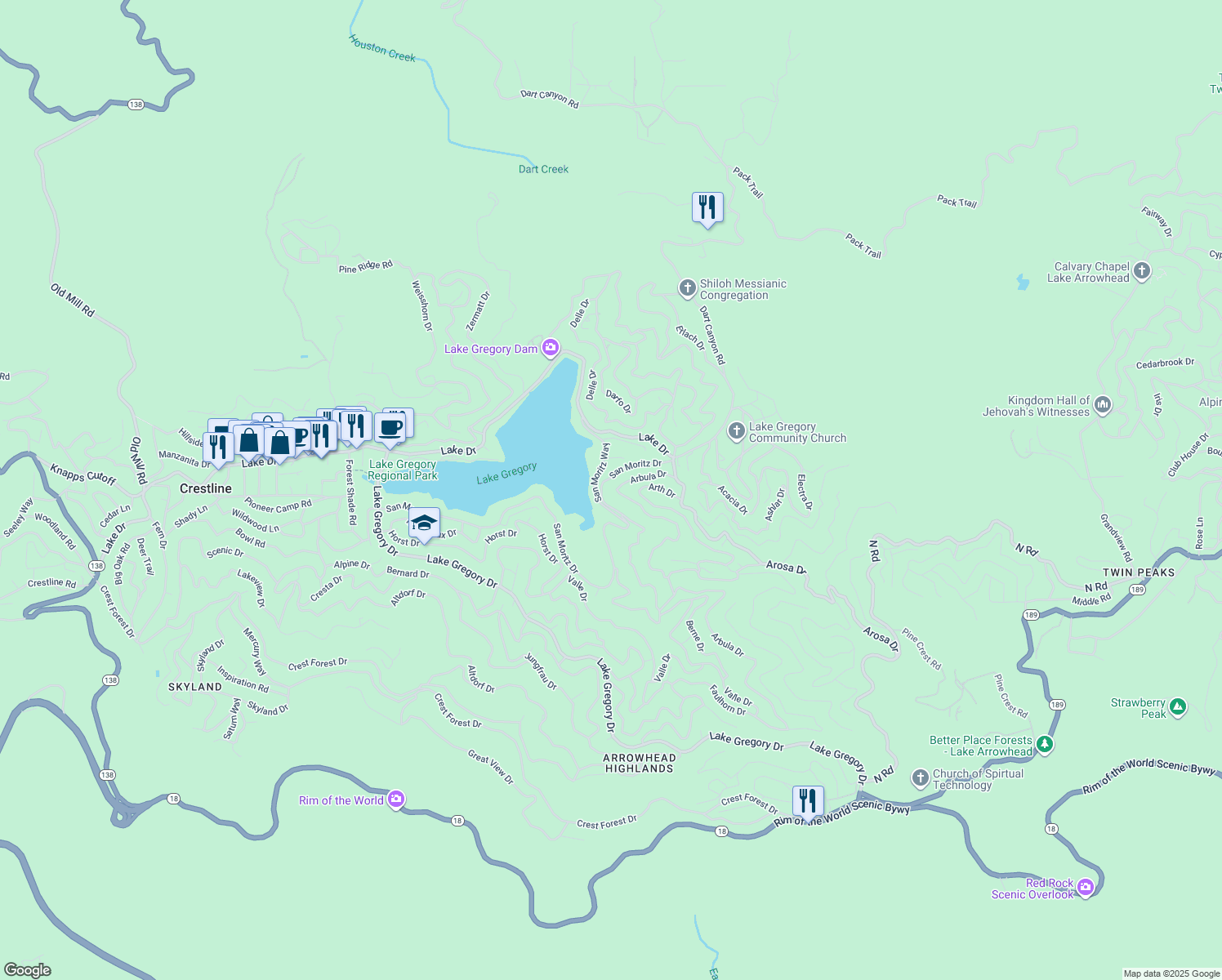 map of restaurants, bars, coffee shops, grocery stores, and more near 652 Arbula Drive in Crestline