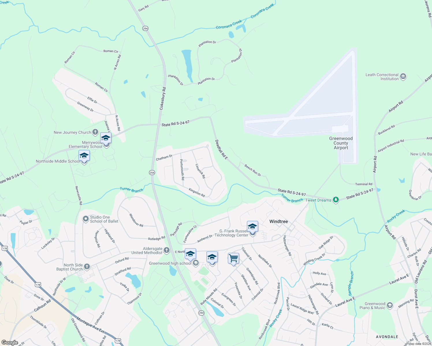 map of restaurants, bars, coffee shops, grocery stores, and more near 221 Kingston Road in Greenwood