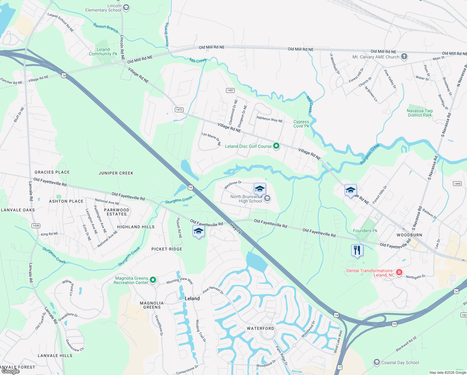 map of restaurants, bars, coffee shops, grocery stores, and more near 115 Bourbon Street in Leland