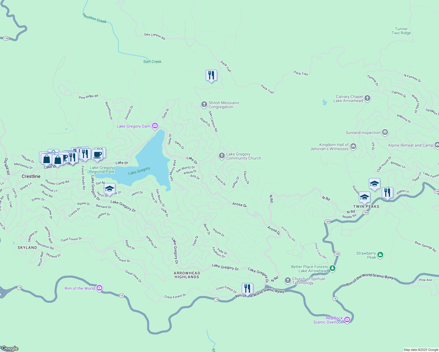 map of restaurants, bars, coffee shops, grocery stores, and more near 647 Pyramid Drive in Crestline