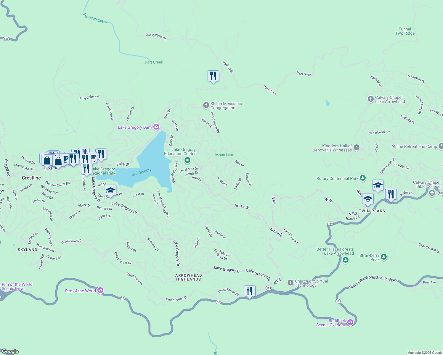 map of restaurants, bars, coffee shops, grocery stores, and more near 647 Pyramid Drive in Crestline