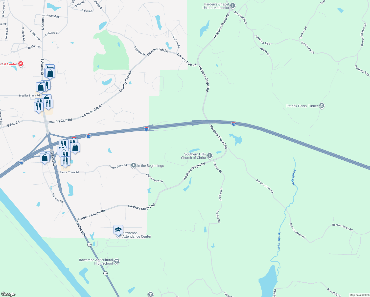map of restaurants, bars, coffee shops, grocery stores, and more near 1385 Hardin Chapel Road in Fulton