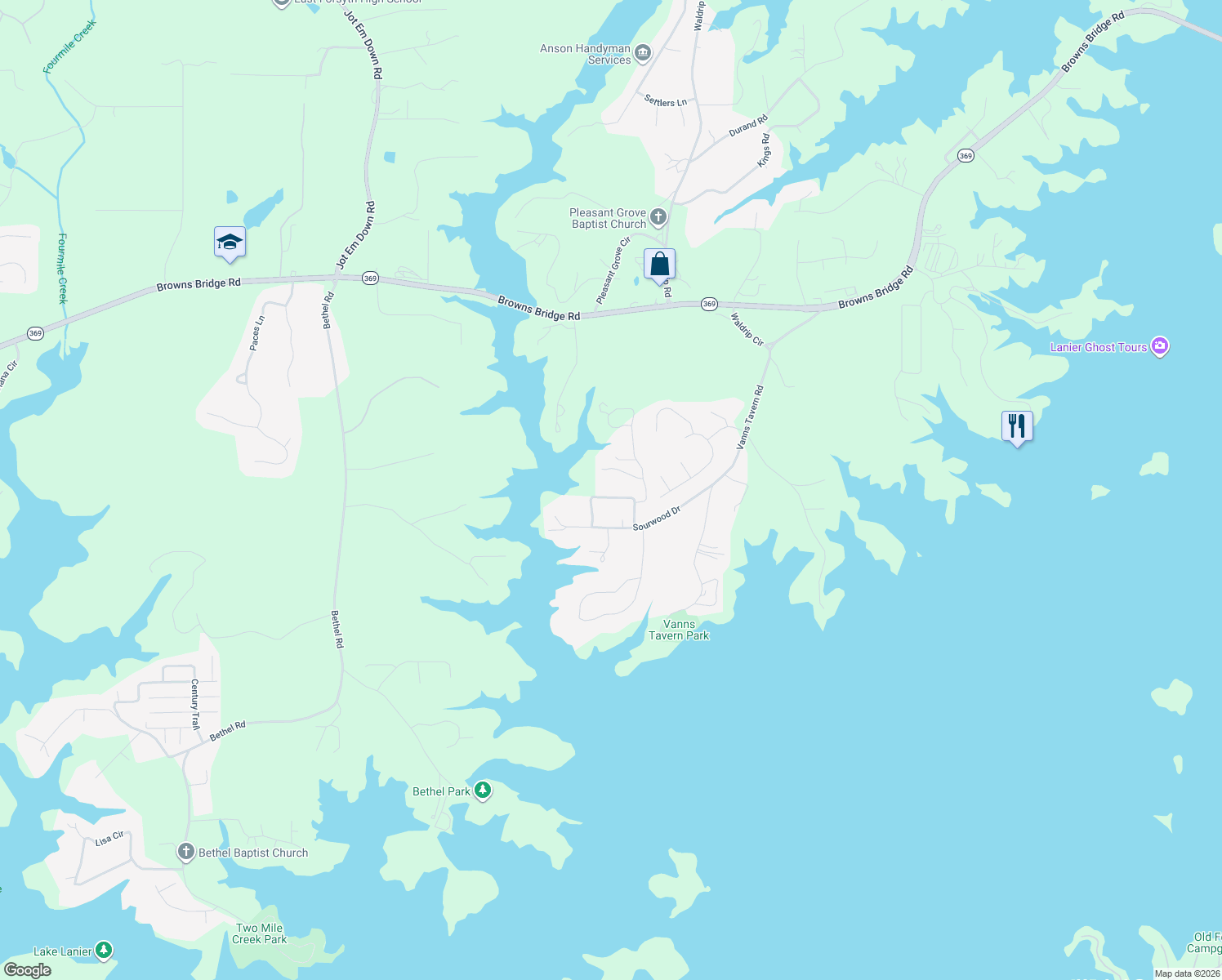 map of restaurants, bars, coffee shops, grocery stores, and more near 9230 Horseshoe Bend in Gainesville