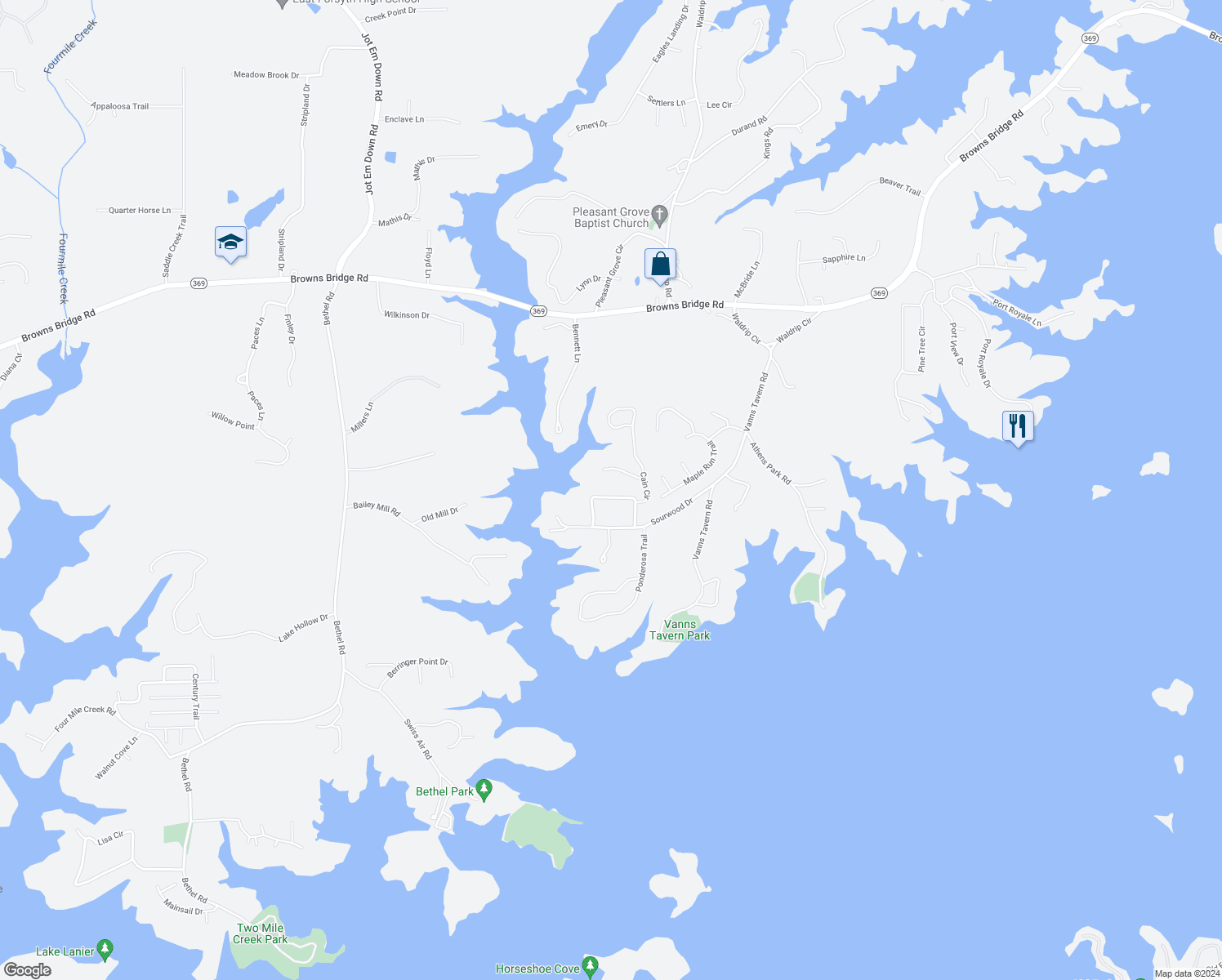 map of restaurants, bars, coffee shops, grocery stores, and more near 9230 Horseshoe Bend in Gainesville