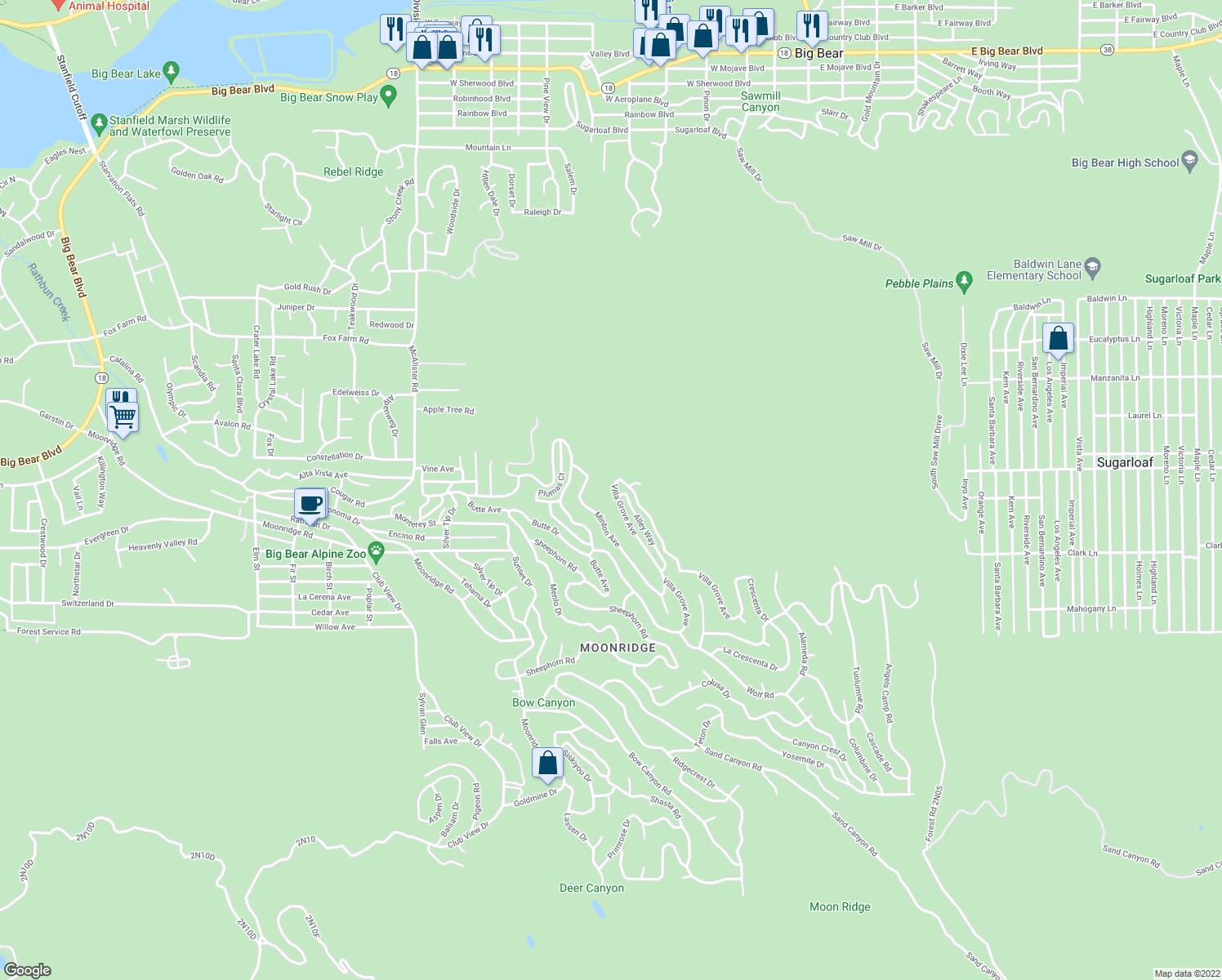 map of restaurants, bars, coffee shops, grocery stores, and more near 562 Villa Grove Avenue in Big Bear