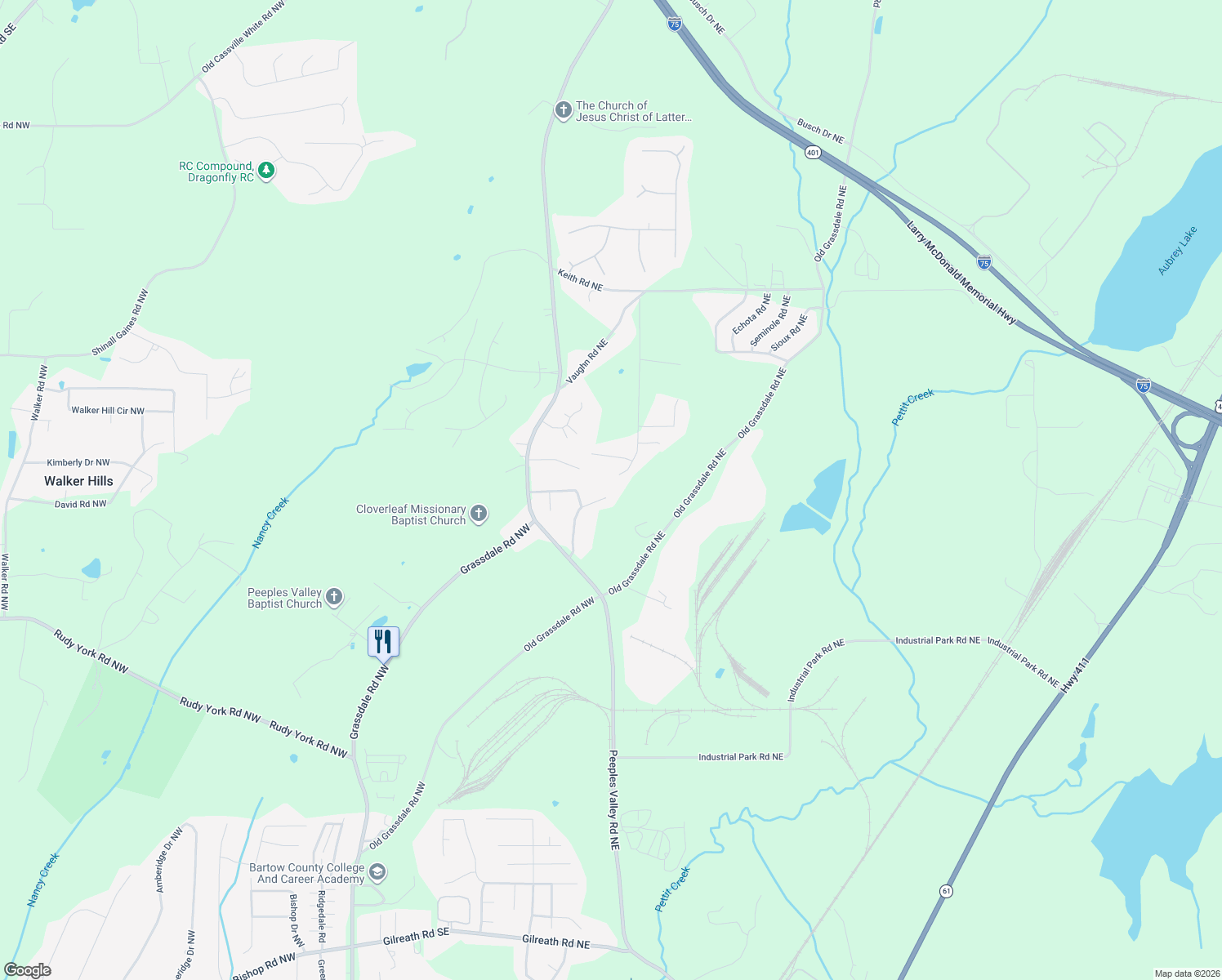 map of restaurants, bars, coffee shops, grocery stores, and more near 17 Split Rail Court Northeast in Cartersville