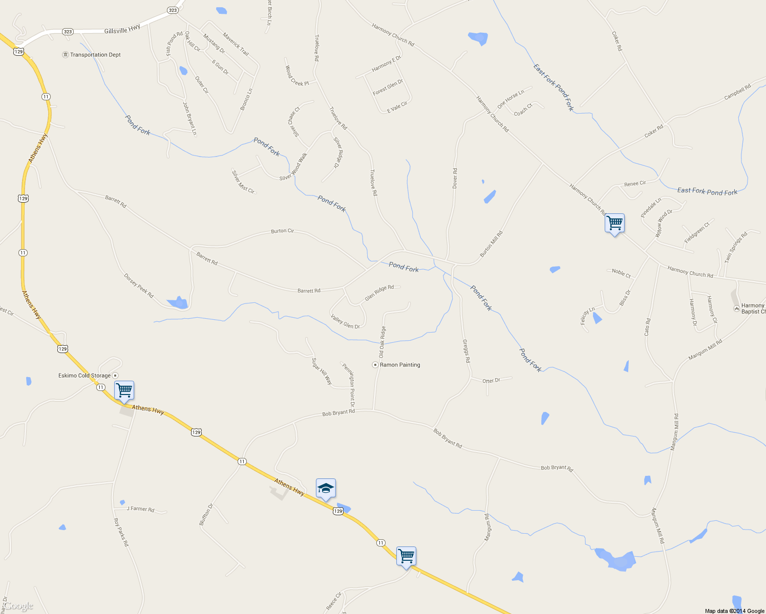 map of restaurants, bars, coffee shops, grocery stores, and more near 3417 Old Oak Ridge in Gainesville