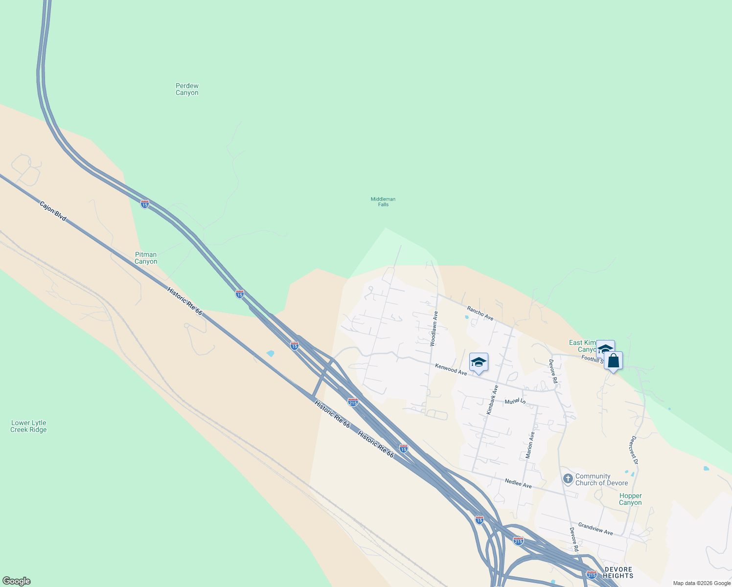 map of restaurants, bars, coffee shops, grocery stores, and more near Foresthill Court in San Bernardino