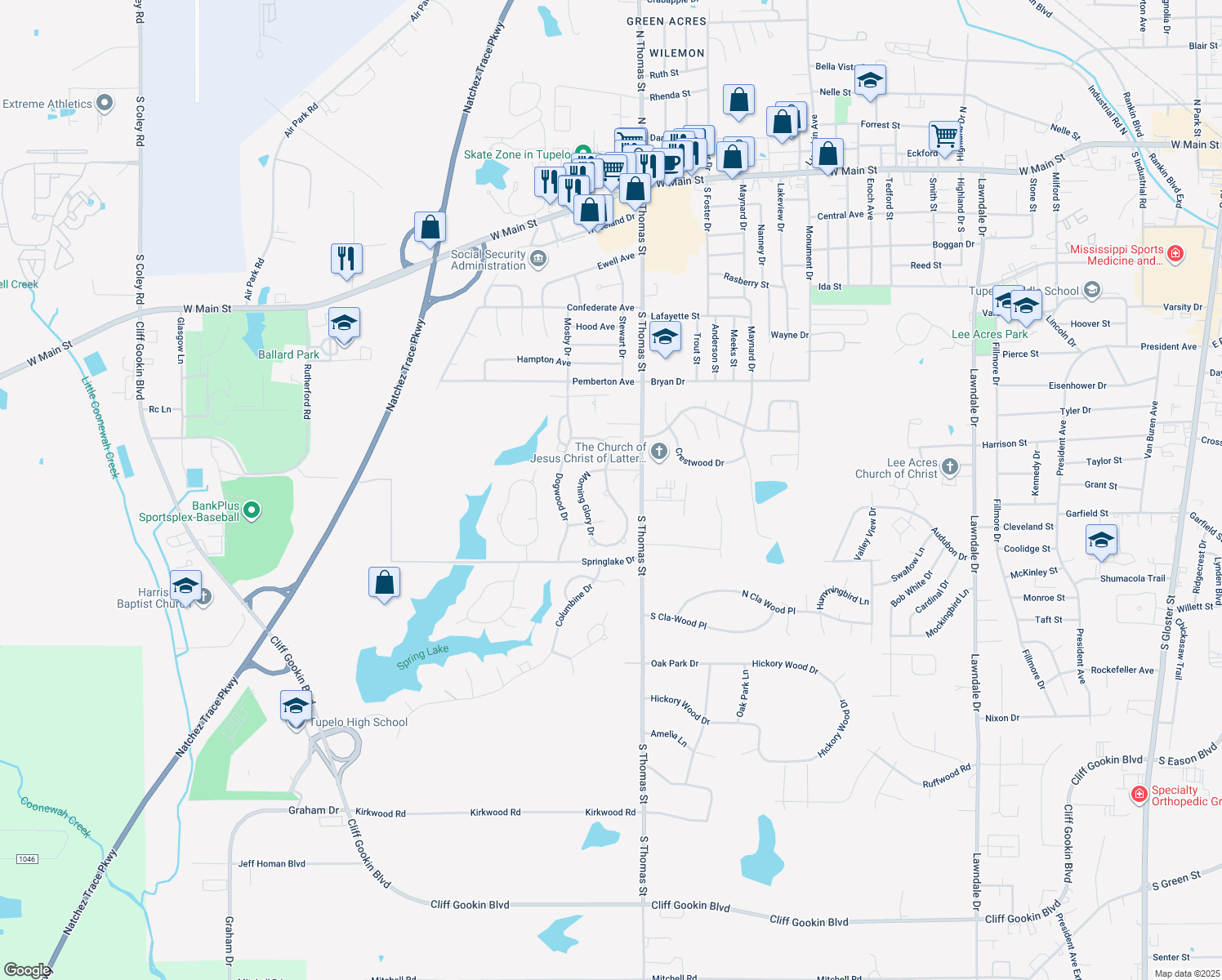 map of restaurants, bars, coffee shops, grocery stores, and more near Morning Glory Circle in Tupelo