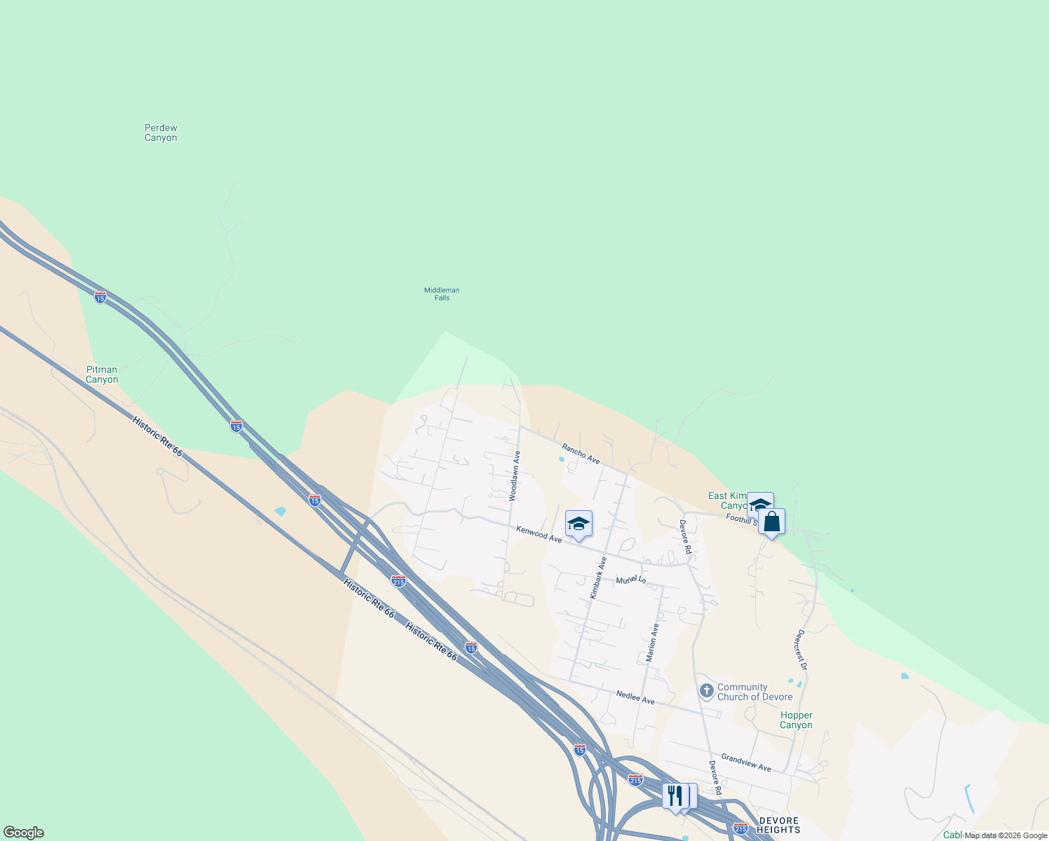 map of restaurants, bars, coffee shops, grocery stores, and more near 688 Woodlawn Avenue in San Bernardino