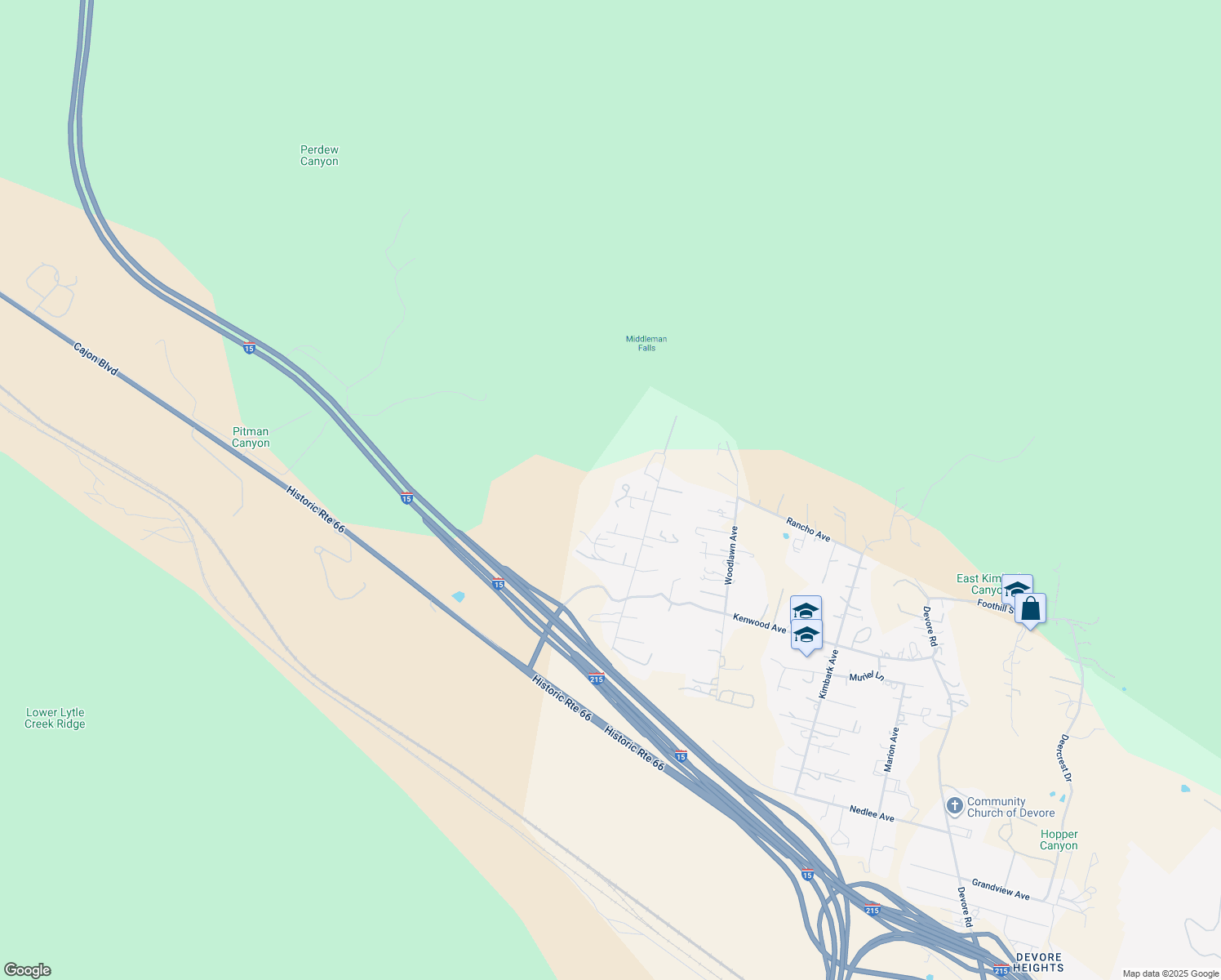 map of restaurants, bars, coffee shops, grocery stores, and more near Foresthill Court in San Bernardino County