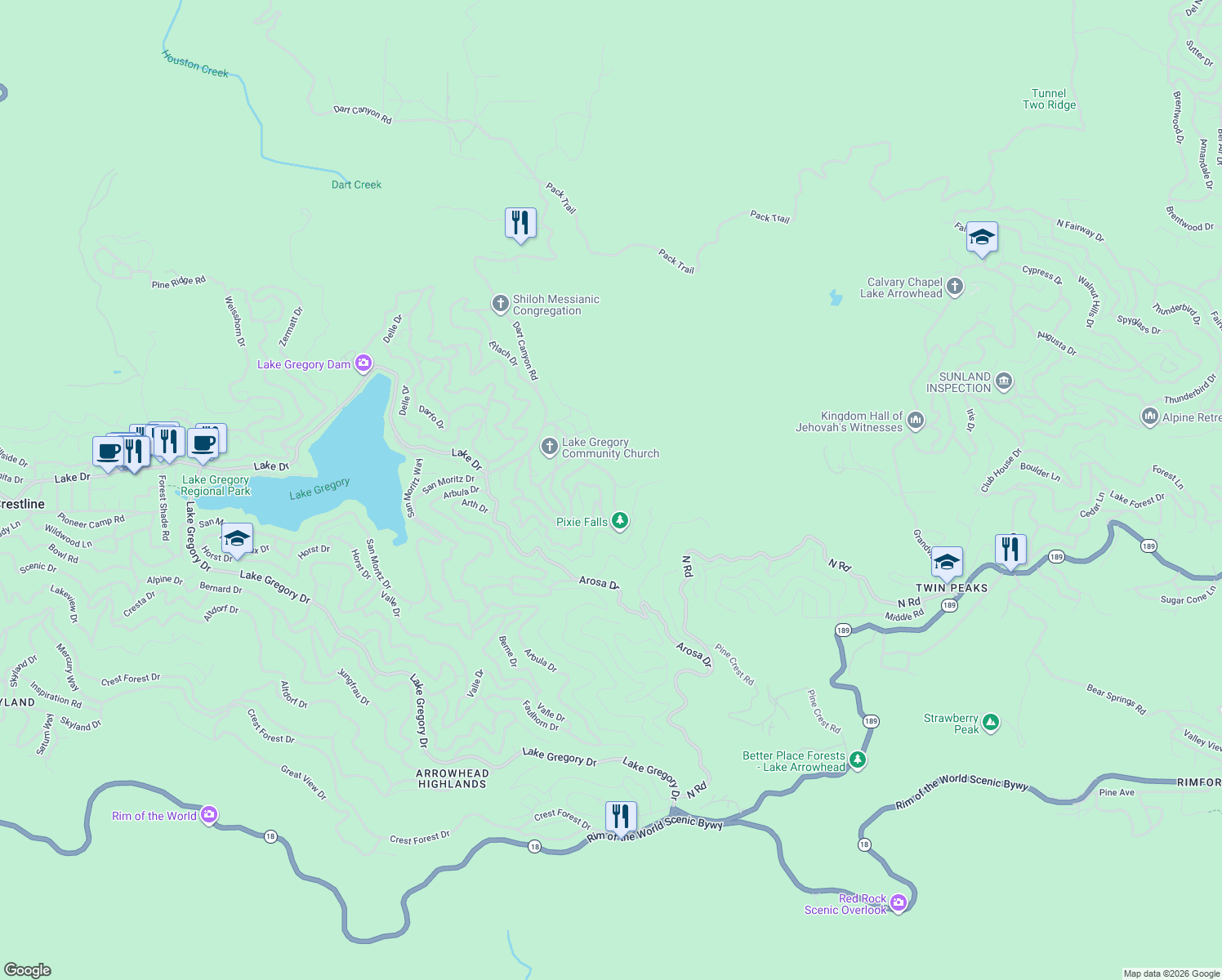 map of restaurants, bars, coffee shops, grocery stores, and more near 742 Ashlar Drive in Crestline