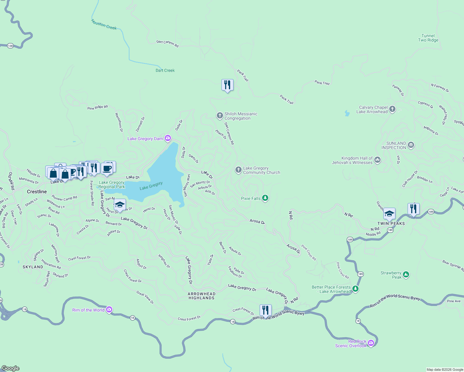 map of restaurants, bars, coffee shops, grocery stores, and more near 647 Pyramid Drive in Crestline