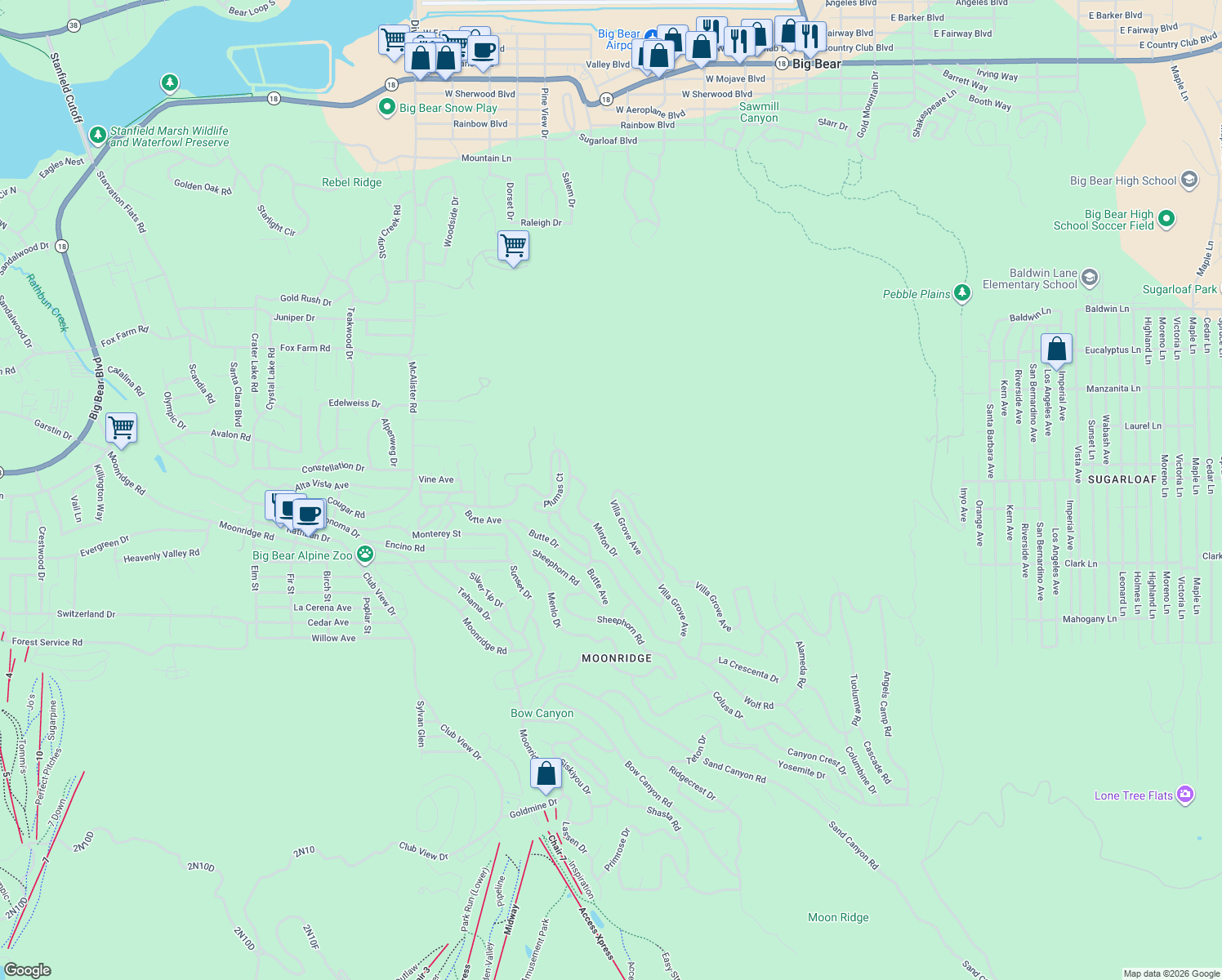 map of restaurants, bars, coffee shops, grocery stores, and more near 556 Villa Grove Avenue in Big Bear