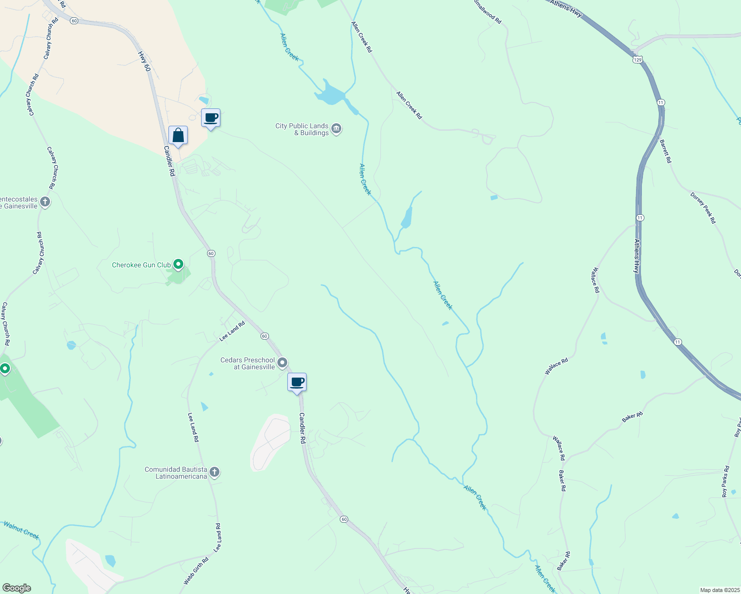 map of restaurants, bars, coffee shops, grocery stores, and more near 1900 Fullenwider Road in Gainesville