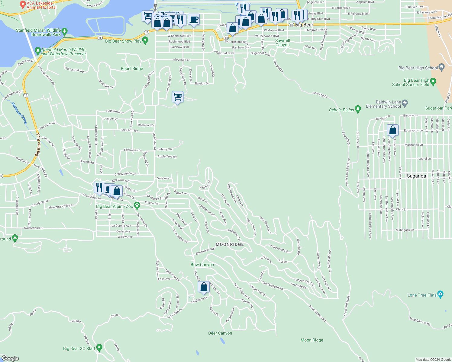 map of restaurants, bars, coffee shops, grocery stores, and more near 556 Villa Grove Avenue in Big Bear