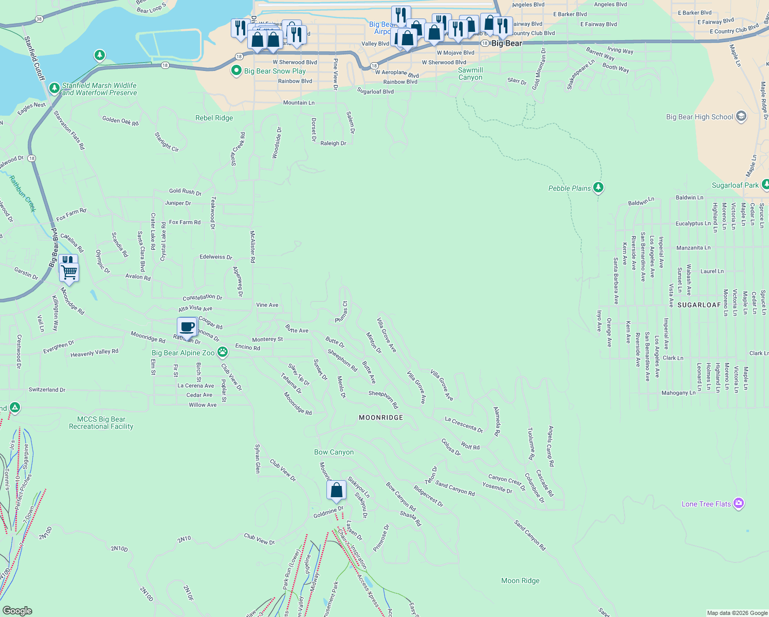 map of restaurants, bars, coffee shops, grocery stores, and more near 550 Villa Grove Avenue in Big Bear