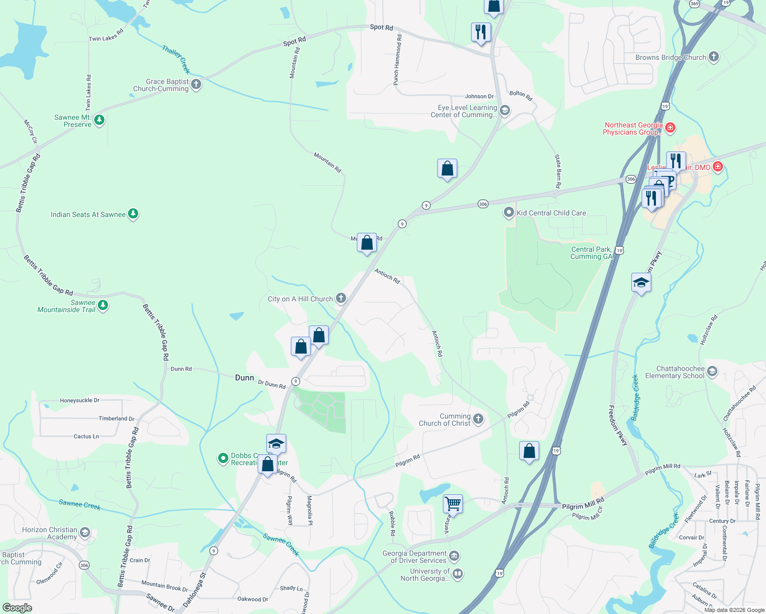 map of restaurants, bars, coffee shops, grocery stores, and more near 2065 Clayburn Dr in Cumming