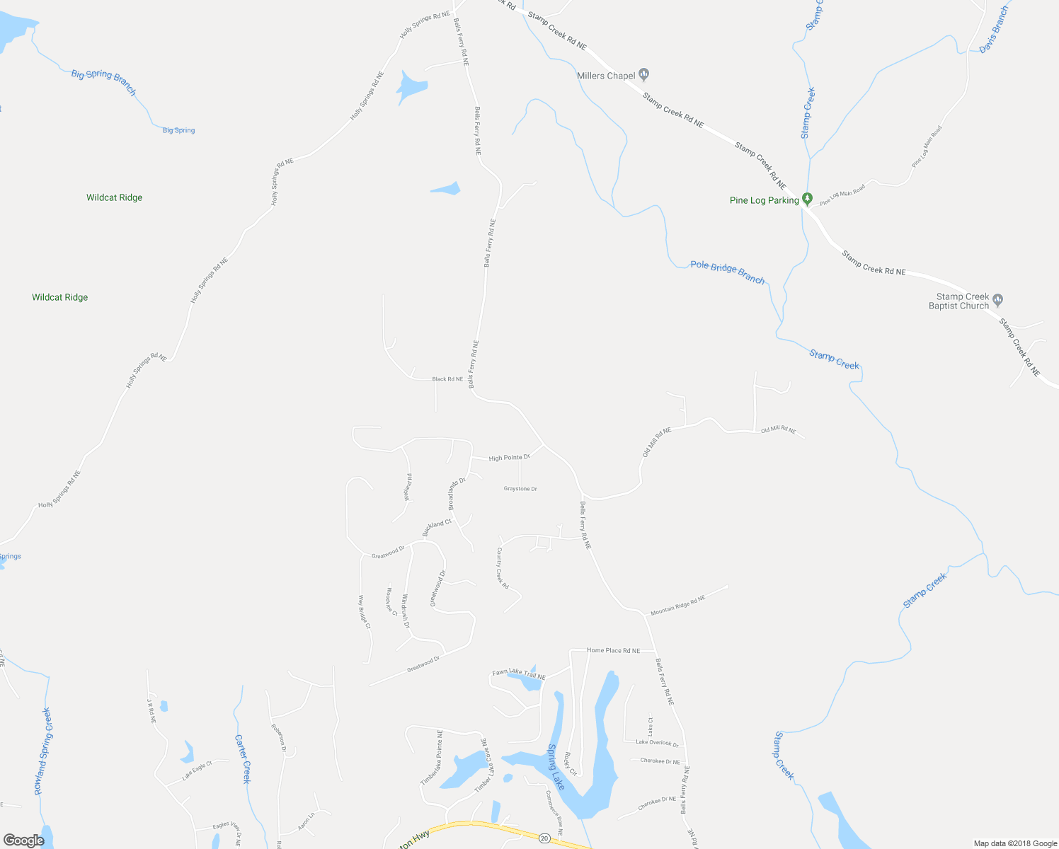 map of restaurants, bars, coffee shops, grocery stores, and more near Bells Ferry Road Northeast in White