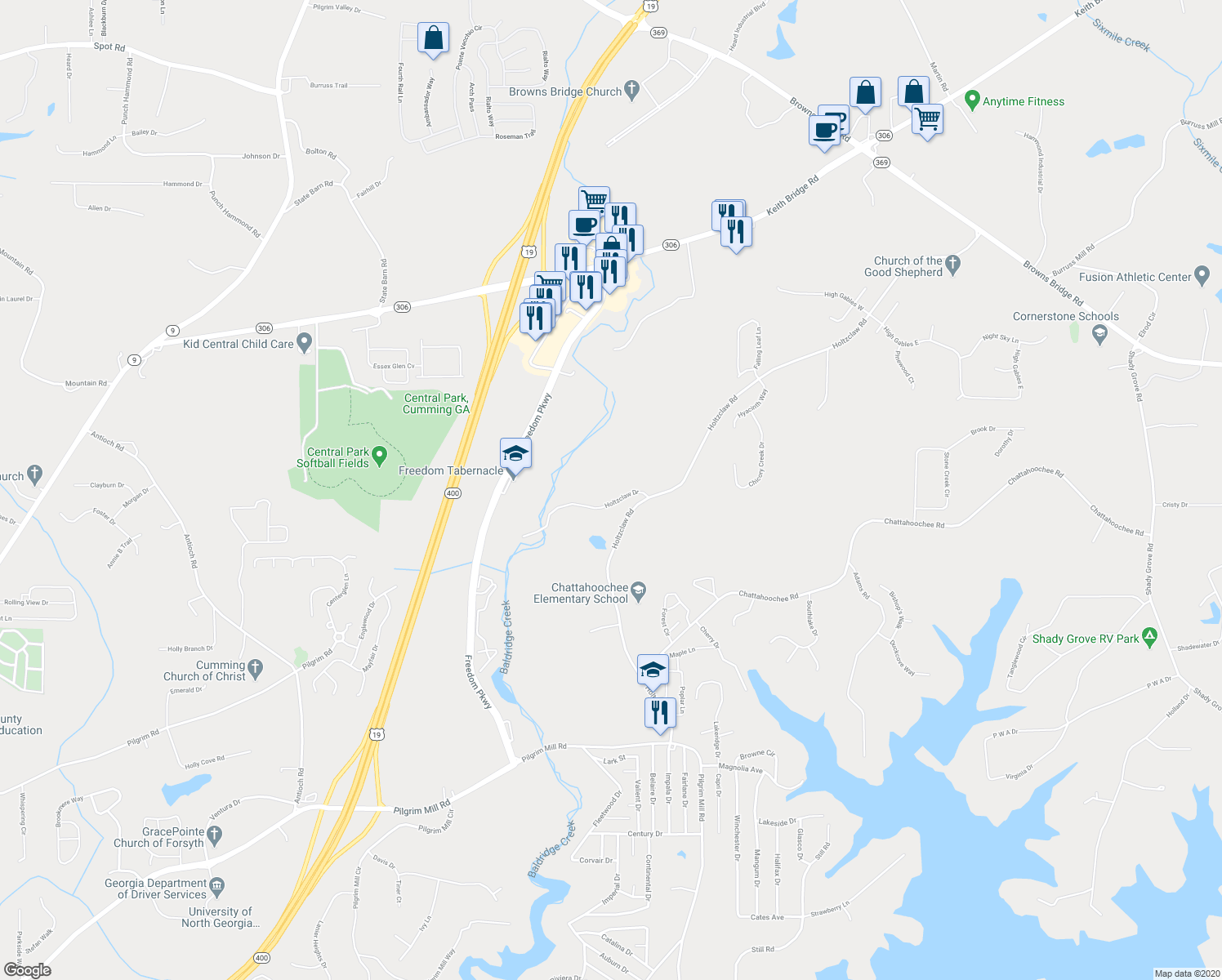 map of restaurants, bars, coffee shops, grocery stores, and more near 3150 Holtzclaw Drive in Cumming