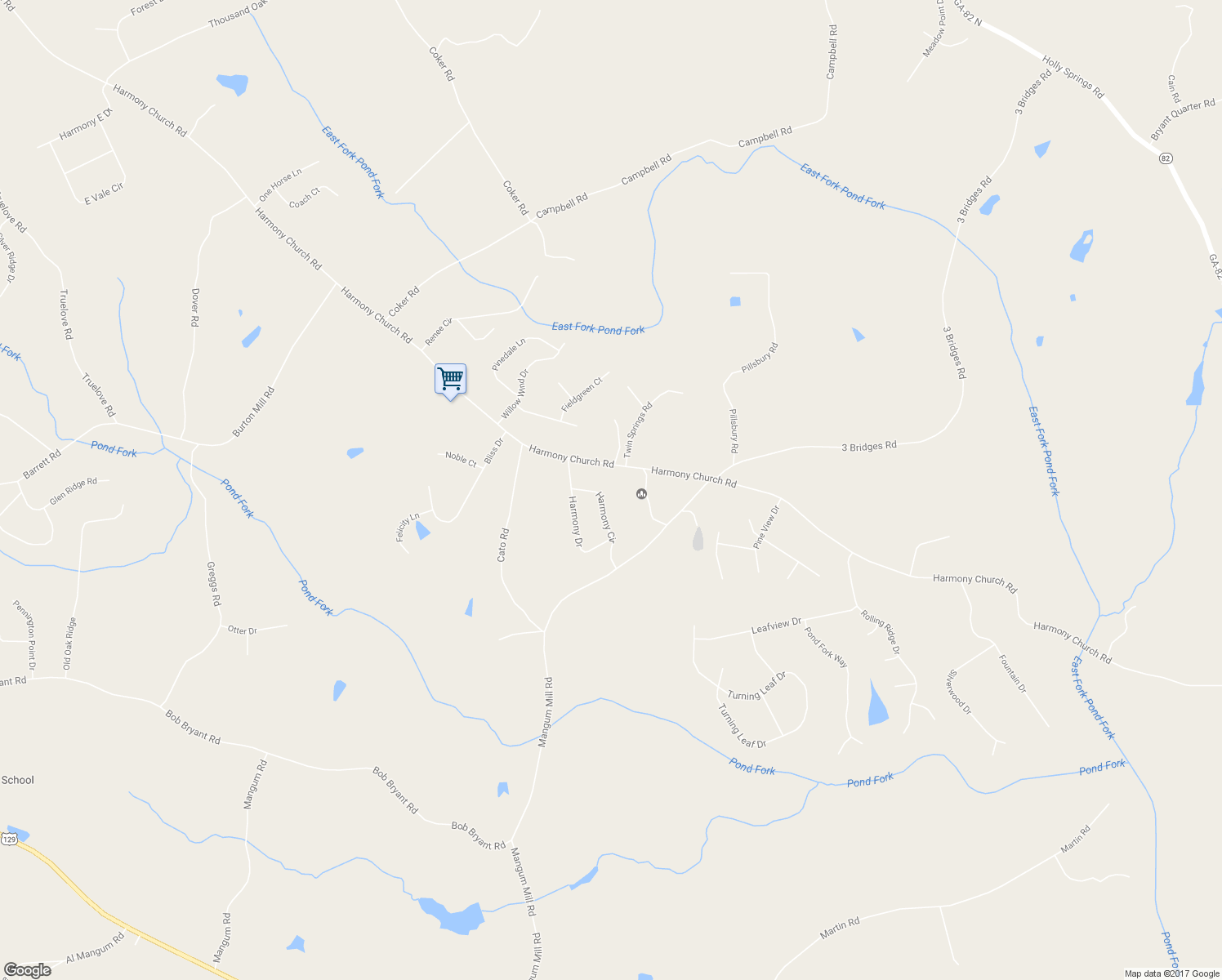 map of restaurants, bars, coffee shops, grocery stores, and more near 4023 Harmony Circle in Gainesville