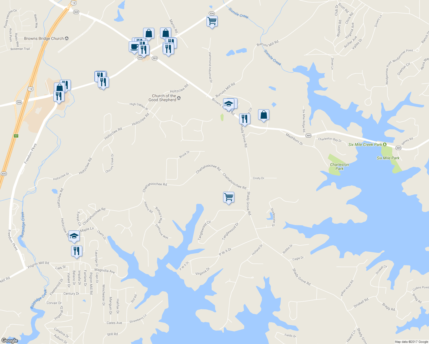 map of restaurants, bars, coffee shops, grocery stores, and more near 3950 Chattahoochee Road in Cumming
