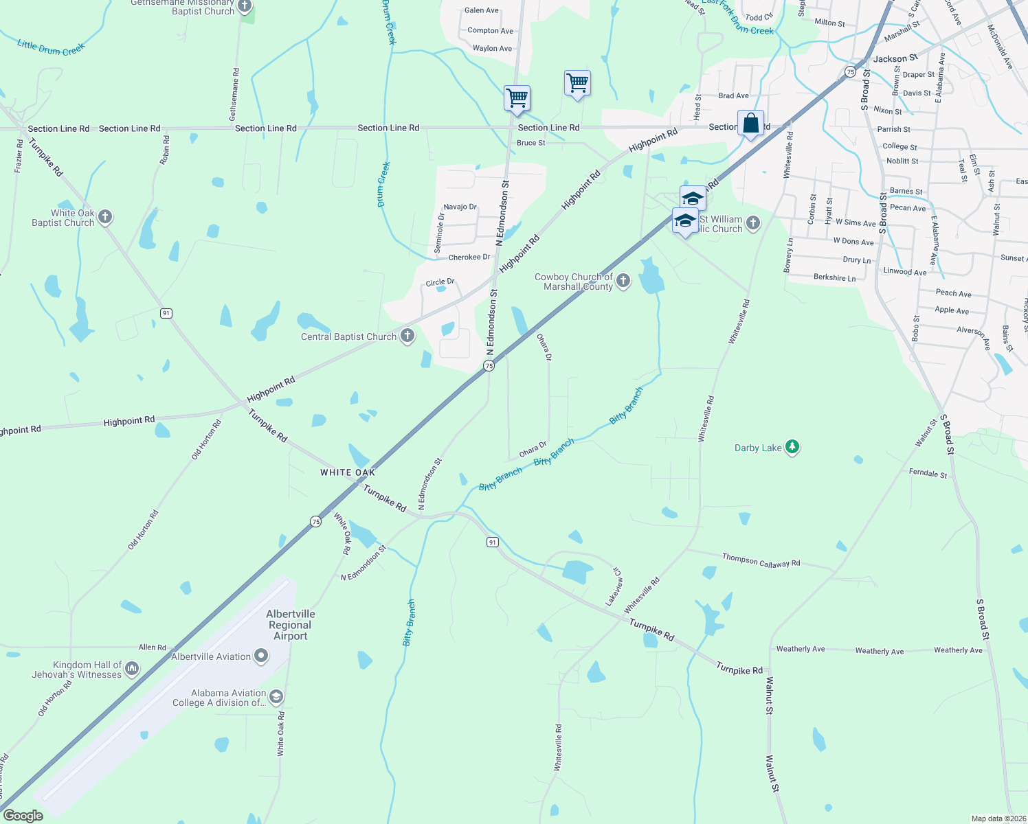 map of restaurants, bars, coffee shops, grocery stores, and more near 320 Ohara Dr in Albertville