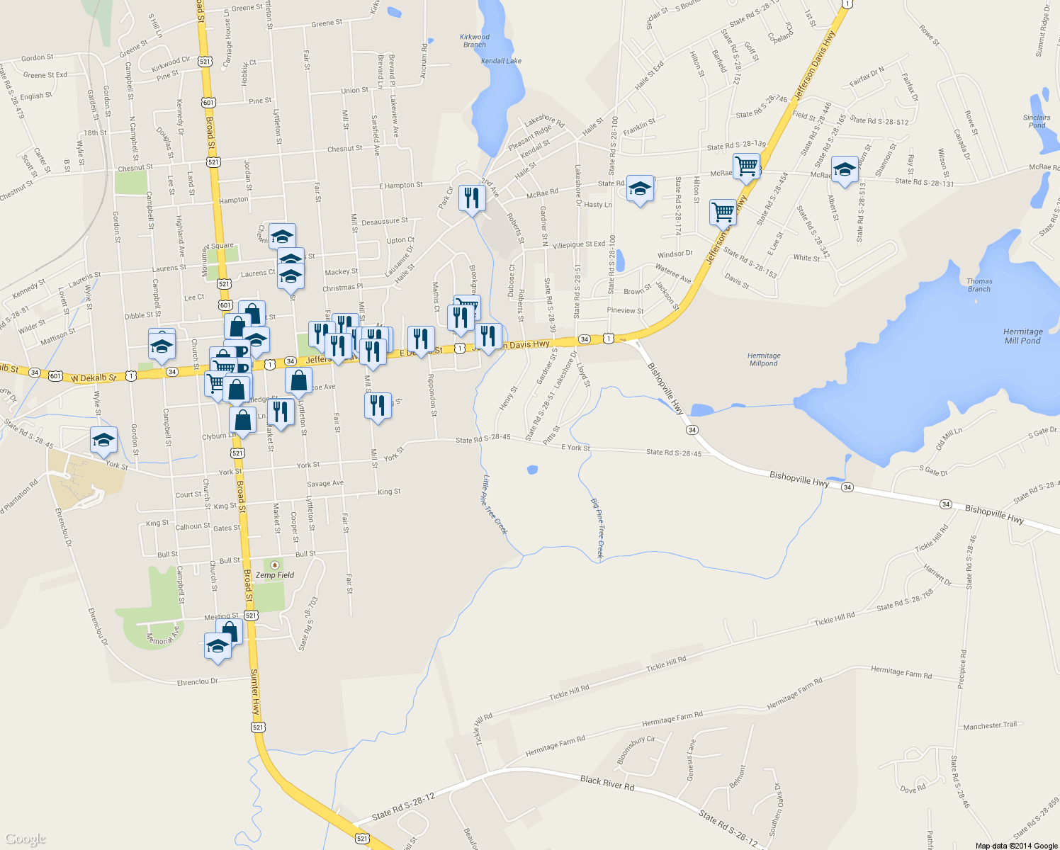 map of restaurants, bars, coffee shops, grocery stores, and more near 36 Lakeshore Dr in Camden