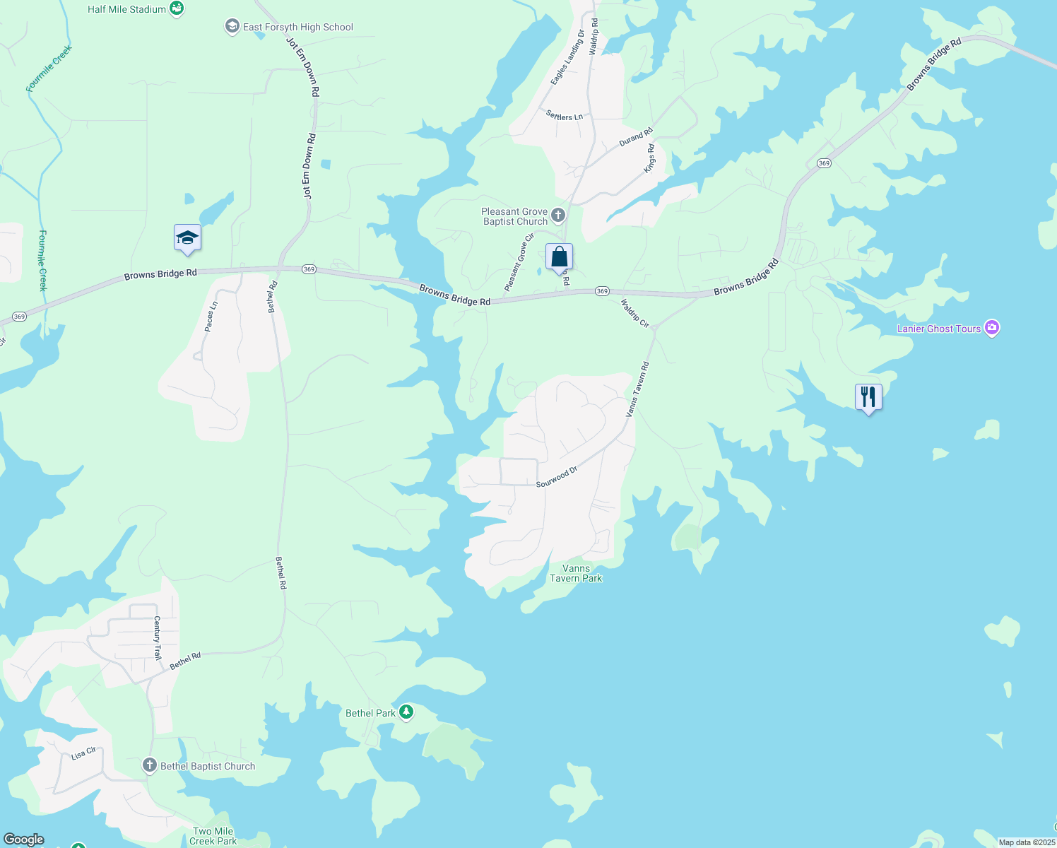 map of restaurants, bars, coffee shops, grocery stores, and more near 9321 Cain Circle in Gainesville