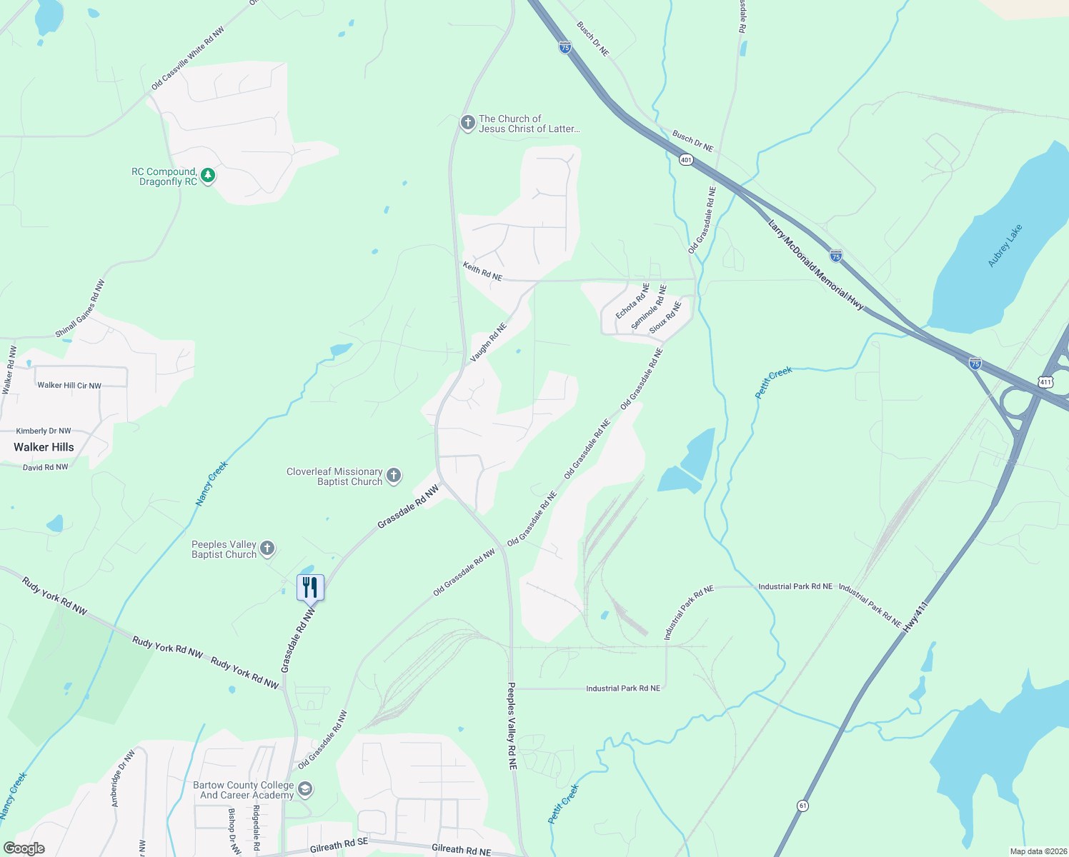 map of restaurants, bars, coffee shops, grocery stores, and more near 141 Vaughn Spur Northeast in Cartersville