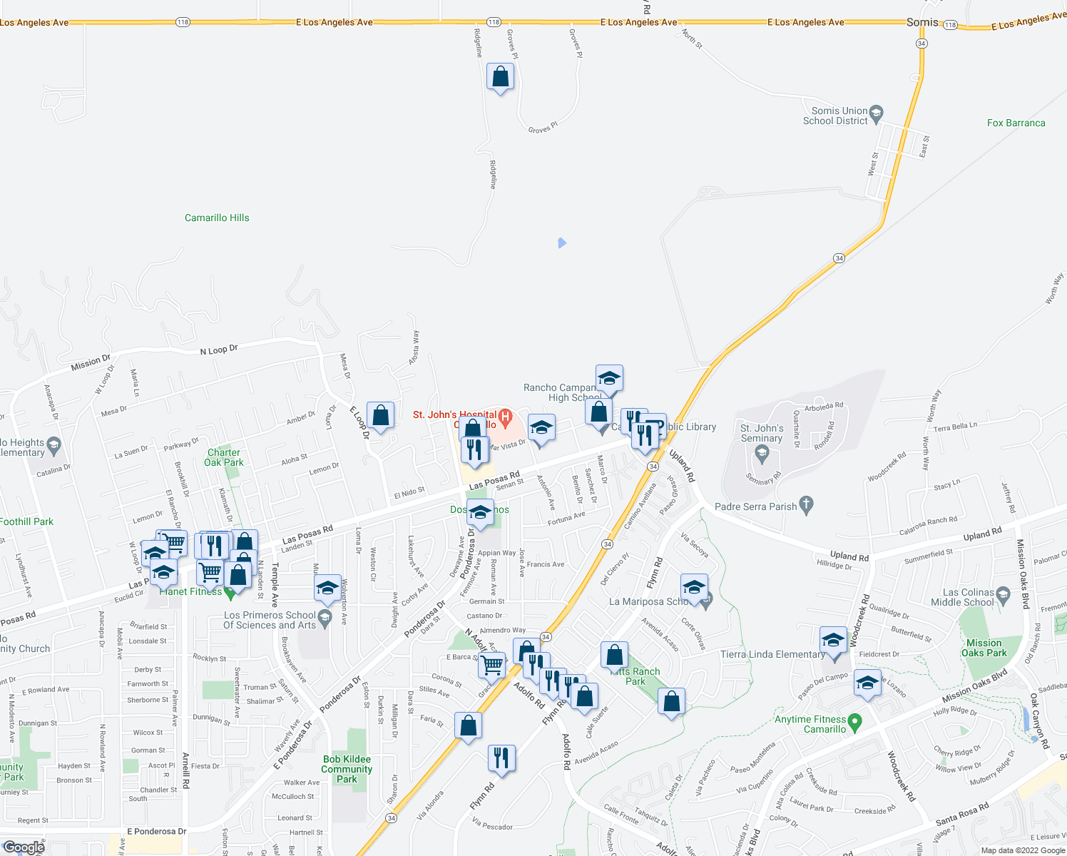 map of restaurants, bars, coffee shops, grocery stores, and more near 3966 Villamonte Court in Camarillo