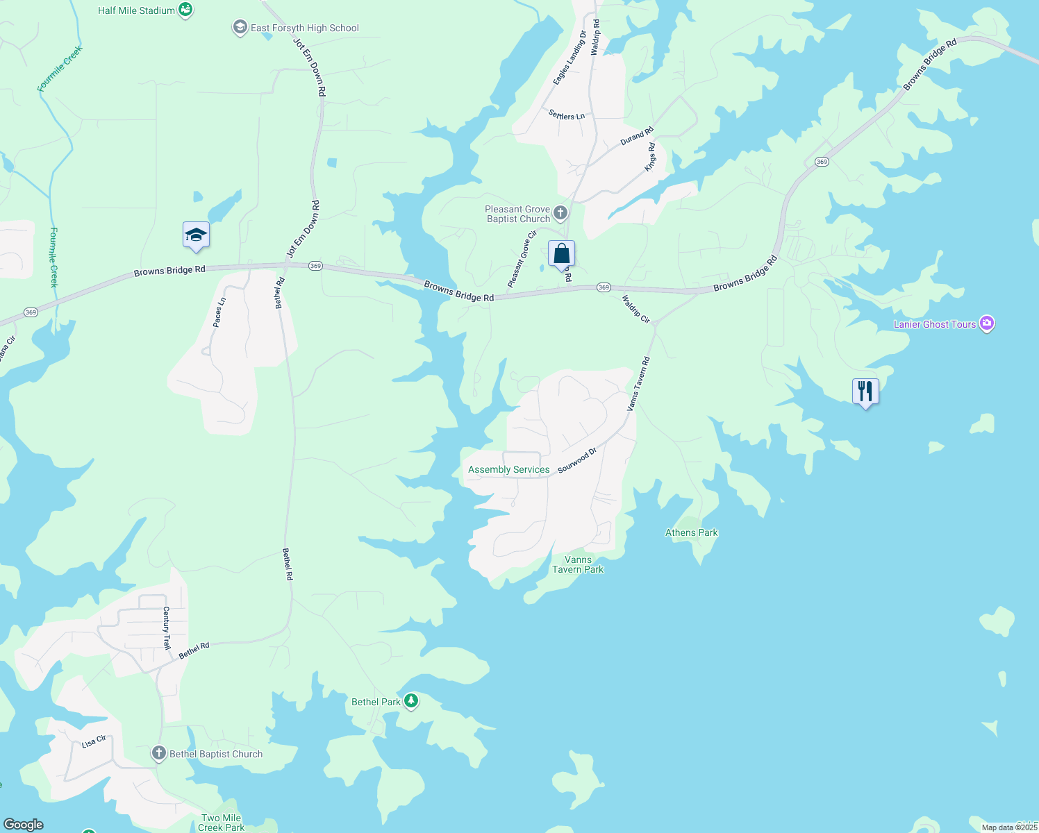 map of restaurants, bars, coffee shops, grocery stores, and more near 9325 Cain Circle in Gainesville
