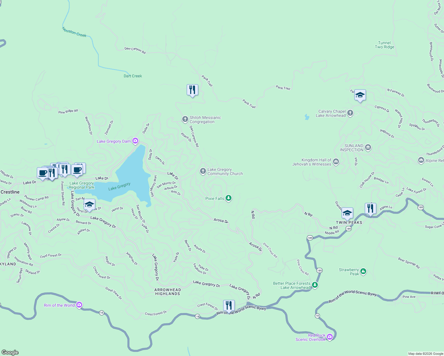 map of restaurants, bars, coffee shops, grocery stores, and more near 25132 Boa Drive in Crestline
