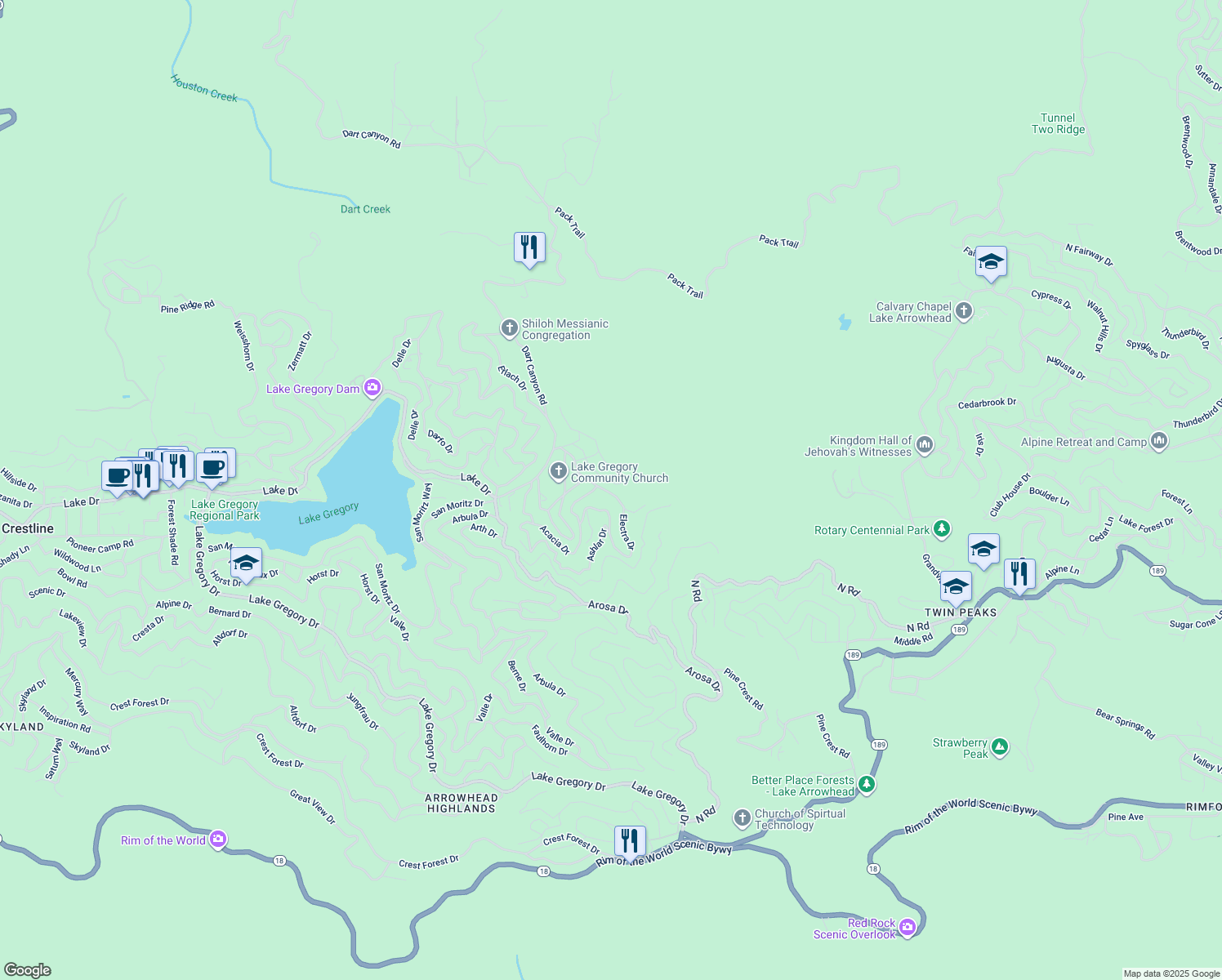map of restaurants, bars, coffee shops, grocery stores, and more near 25132 Boa Drive in Crestline