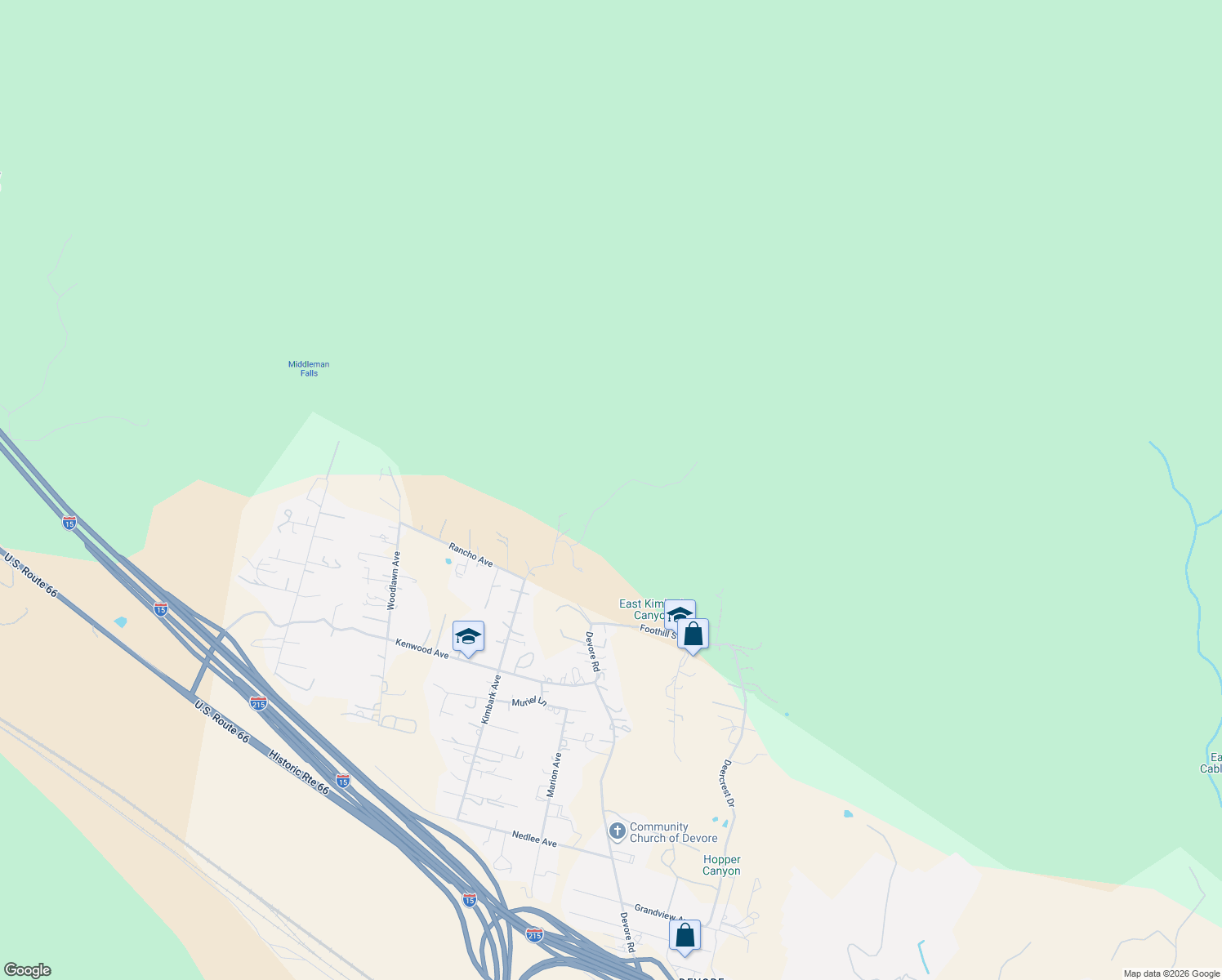 map of restaurants, bars, coffee shops, grocery stores, and more near 18310 Canon Street in San Bernardino