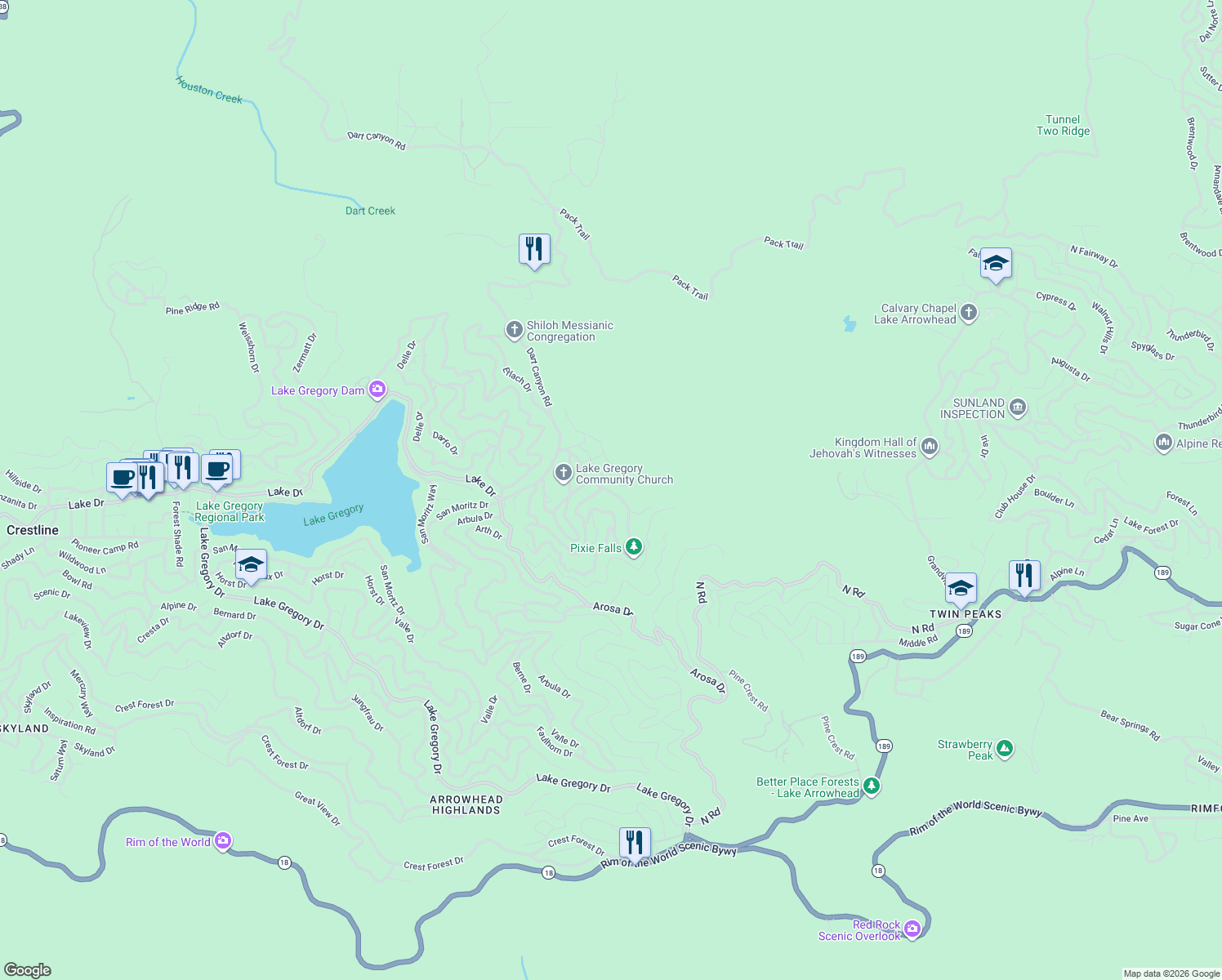 map of restaurants, bars, coffee shops, grocery stores, and more near 25120 Boa Drive in Crestline